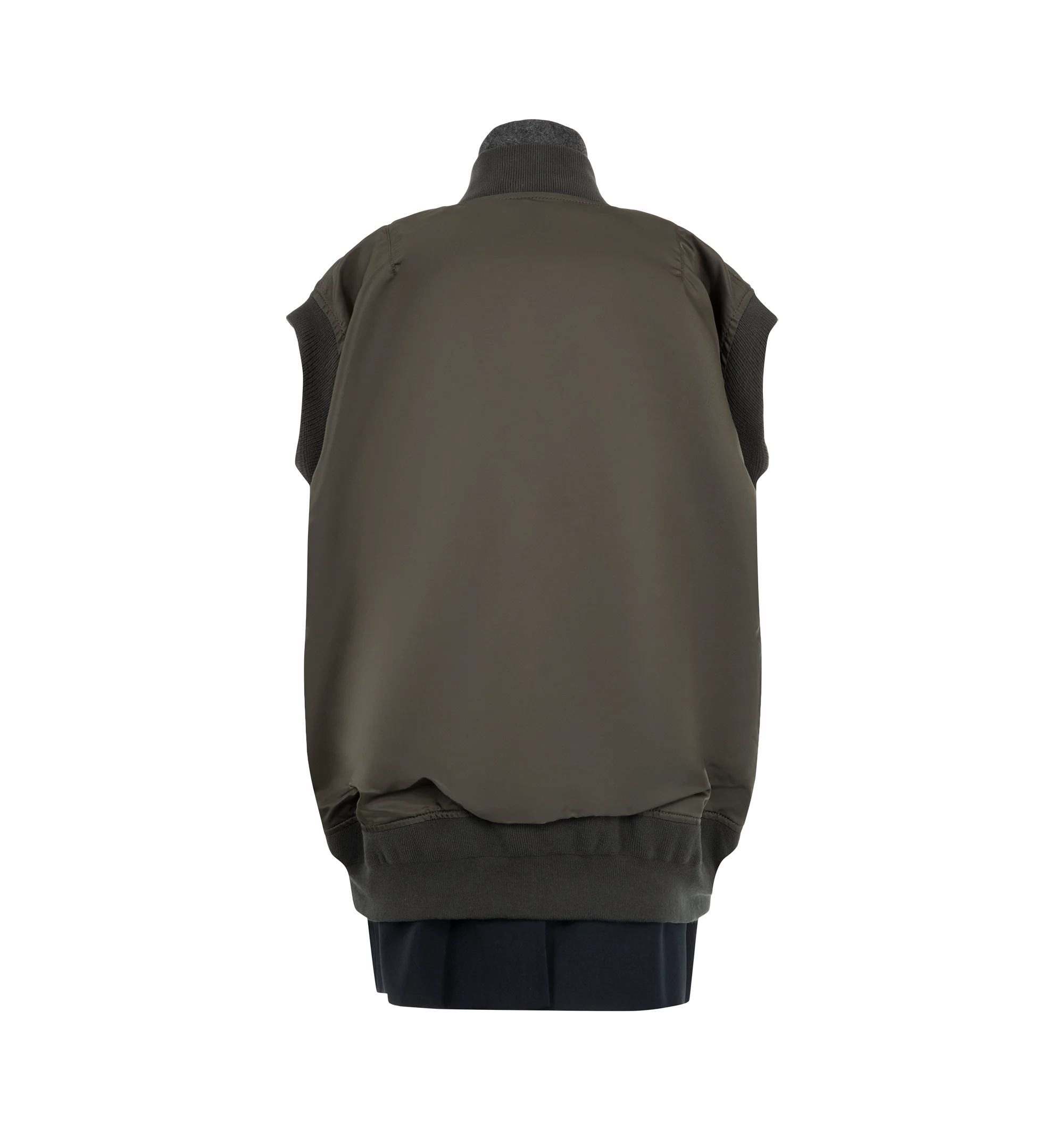 Image 3 of 3 - GREEN - Sacai Women's Nylon Twill Suiting Vest featuring a deconstructed hybrid silhouette and a prominent two-way front zipper. Materials: 100% Nylon; Attached Parts: 70% Polyester, 30% Wool.