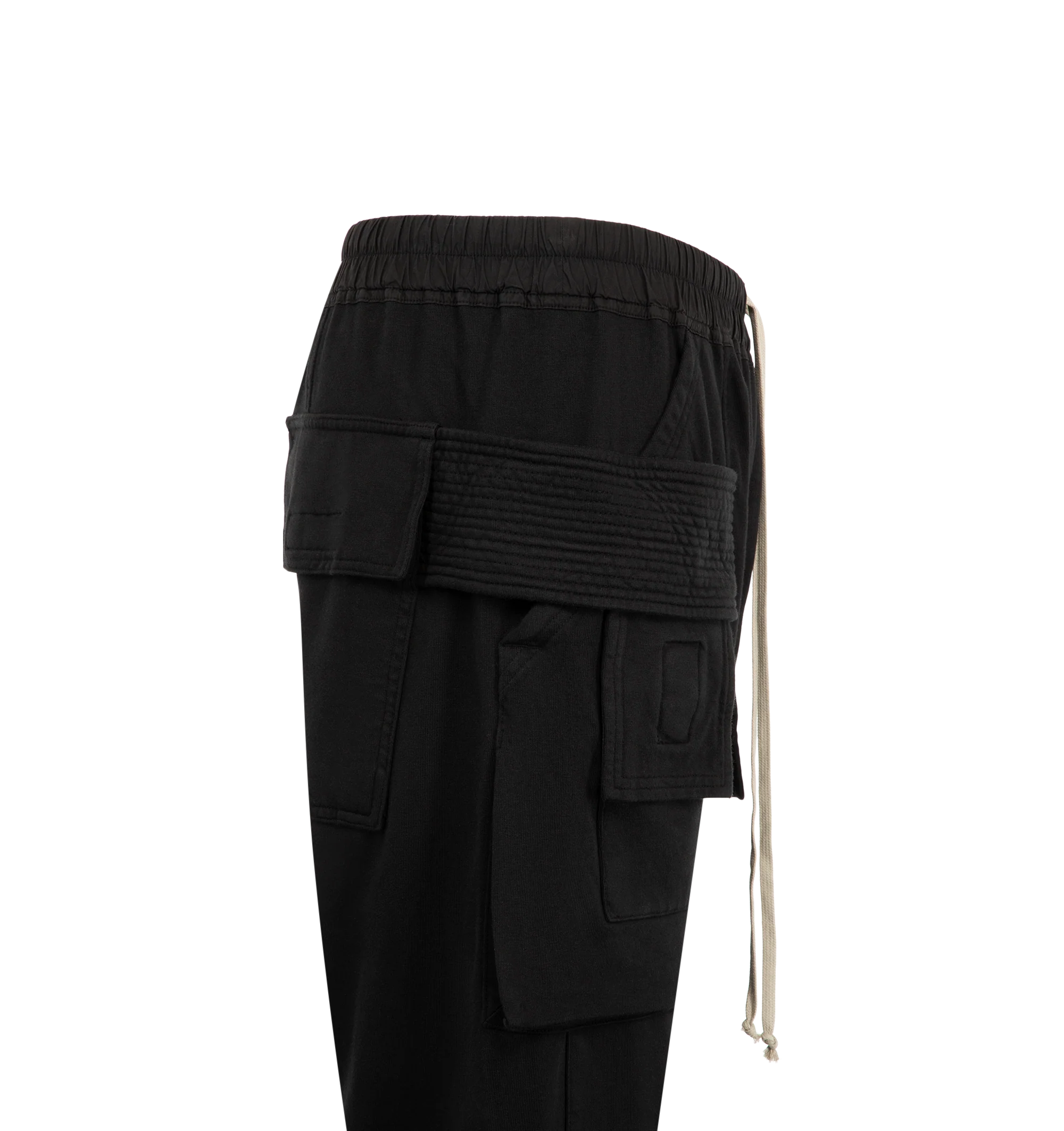Image 3 of 3 - BLACK - Rick Owens Drkshdw Men's Creatch Cargo Drawstring Pants are crafted from cotton and feature an elasticized waistband with a drawstring closure. Designed with a relaxed cargo-inspired silhouette, these pants include side pockets, back flap pockets, and cargo flap pockets for functional storage. Main Material: 100% Cotton. Waistband: 97% Cotton, 3% Elastane. Pockets: Side Pockets, Back Flap Pockets, Cargo Flap Pockets. Made in Italy.