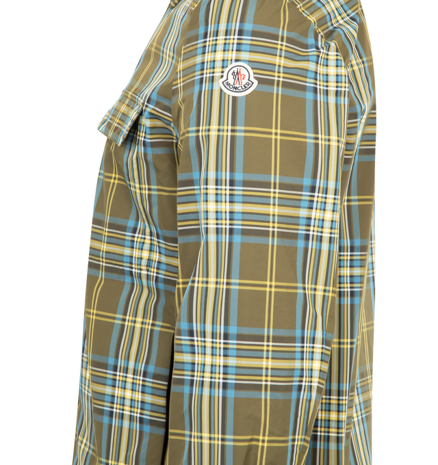 Image 3 of 4 - GREEN - MONCLER Monogram Checked Shirt Jacket featuring nylon technique, zipper and snap button closure, zipped pockets, adjustable cuffs and logo patch. 100% polyamide/nylon. 