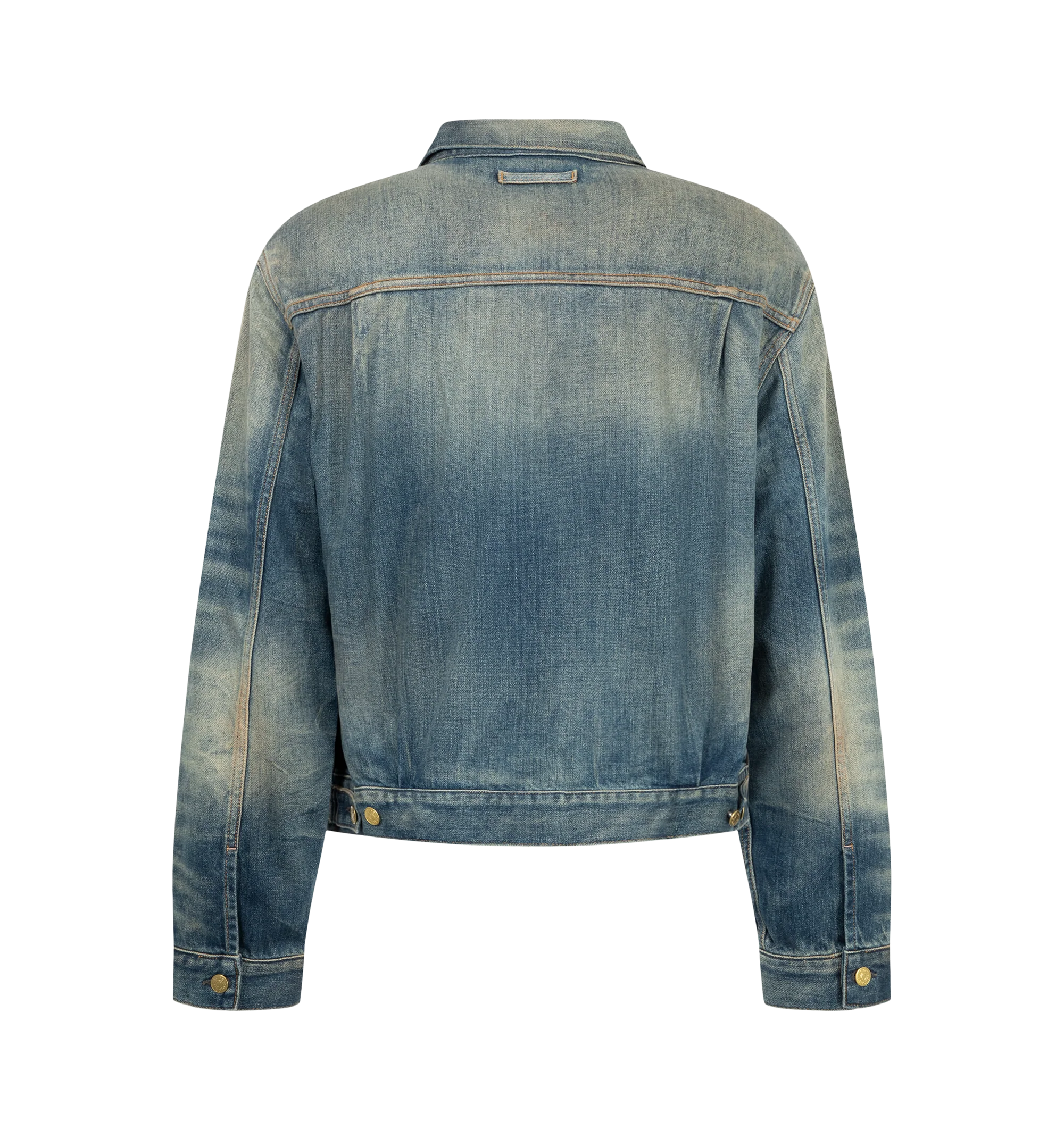 Image 2 of 3 - BLUE - Acne Studios Men's Scraped Denim Jacket is crafted from lightweight indigo broken-twill denim and features a regular-fit, boxy silhouette with a hip-length cut. Designed with contrasting whiskering and scraping for a worn-in appearance, the jacket is finished with chest and welt pockets and branded button closures that enhance its utilitarian character. Main Material: 82% Cotton, 18% Lyocell. 