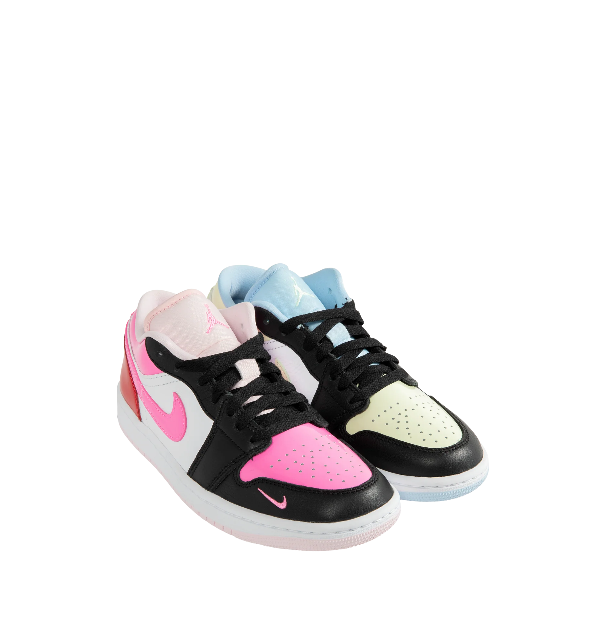 Image 2 of 5 - PINK - Air Jordan 1 Low SE Sneakers are crafted from leather and feature glossy patent accents with a playful mismatched color-block design that gives each shoe a unique look. Designed with a low-top silhouette, they are finished with Nike Swoosh branding, an embroidered Mini Swoosh at the lateral toe, Air Jordan Wings embroidery at the heels, perforated toe boxes, and durable rubber outsoles. Main Material: Leather. Sole: Rubber. Color: Multicolor. Made in womens sizing. 