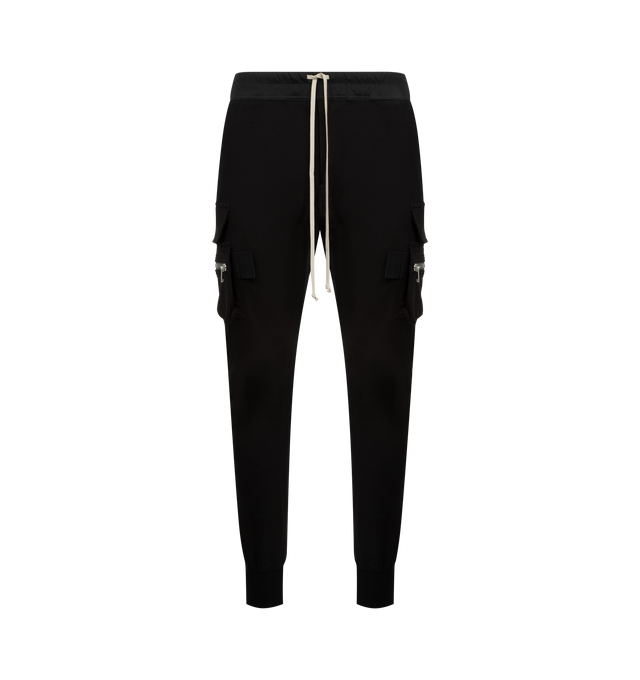 Image 1 of 3 - BLACK - RICK OWENS Mastodon Cargo Pants featuring slim-fit, drawstring at elasticized waistband, four-pocket styling, button fly, rib-knit cuffs and cargo and zip pockets at outseams. 100% organic cotton. Made in Italy.