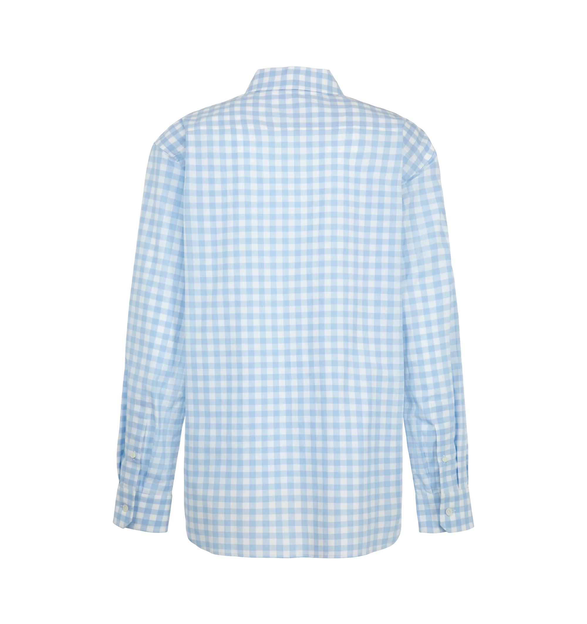 Image 2 of 2 - BLUE - Loewe Women's Gingham Button-Down Shirt is crafted in a lightweight cotton featuring a contrasting patchwork art and prints. This shirt is part of the LOEWE x Cosima Von Bonin collection. Features: Regular fit, regular length, Button-down collar, Contrast jacquard chest patch pocket, Double L embroidery placed on the chest pocket.