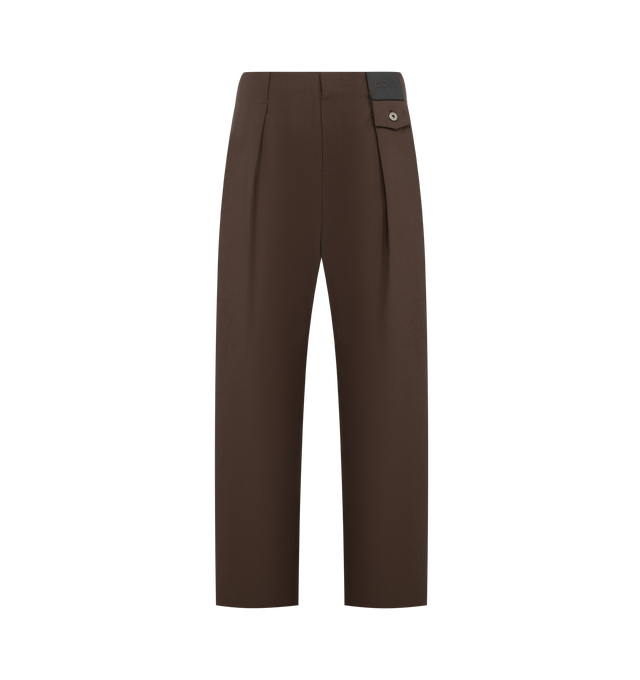 Image 1 of 3 - BROWN - LOEWE PAULA'S IBIZA Trousers in lightweight double face cotton linen featuring pleats at the front, relaxed fit, regular length, mid waist, straight leg, concealed zip fly, buttoned coin pocket, seam pockets, rear patch pocket and LOEWE embossed leather patch placed at the front. Linen/cotton. Made in Italy.
