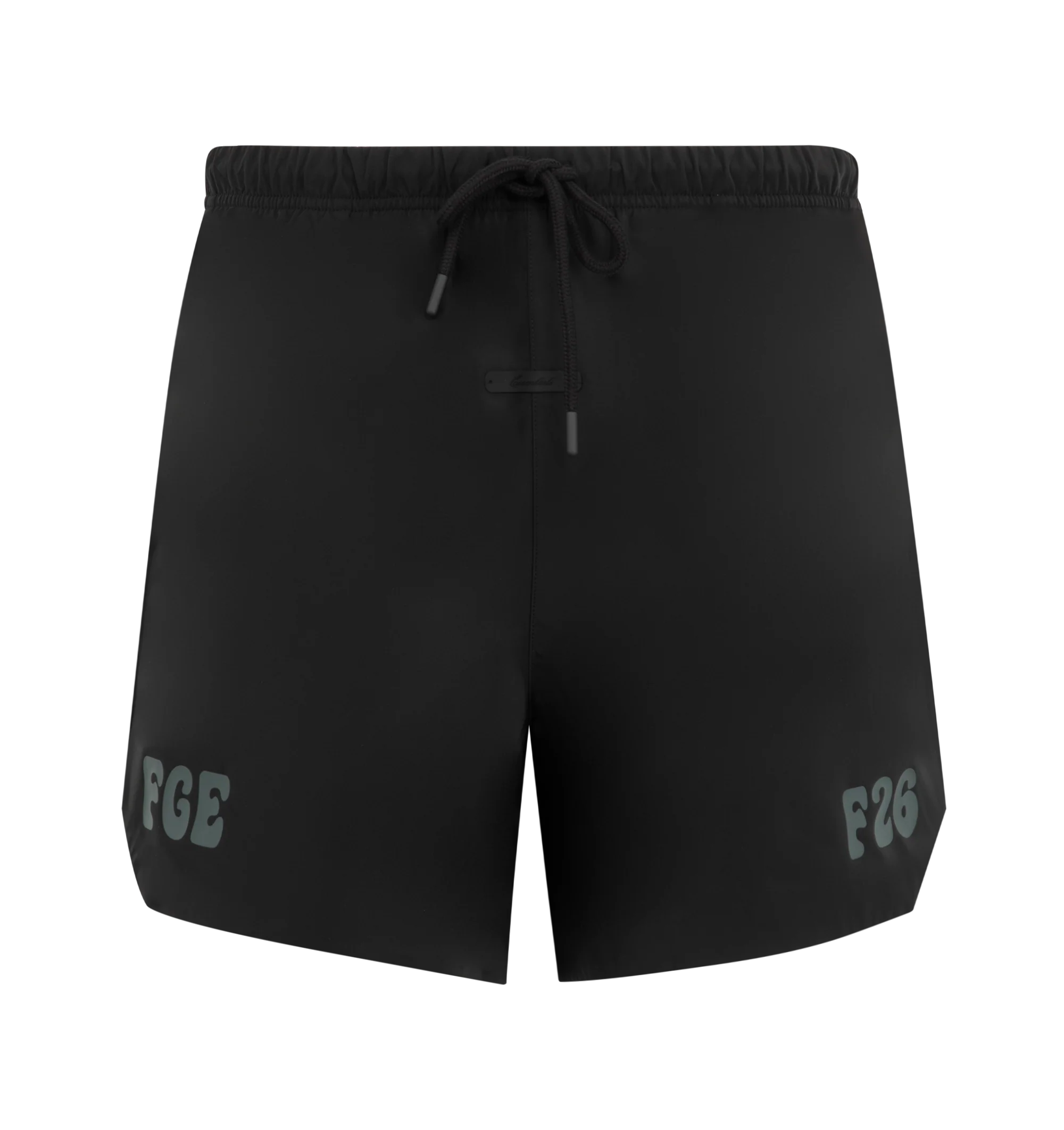 Image 1 of 3 - BLACK - Fear of God Essentials Mens Gym Shorts are crafted from polyester. Feature a relaxed mid-length fit, perforated stretch lining, elasticized waistband with bungee drawcord and toggle, side pockets, puff-printed FGE and F26 graphics, and an Essentials logo label. Main Material: 100% Polyester.