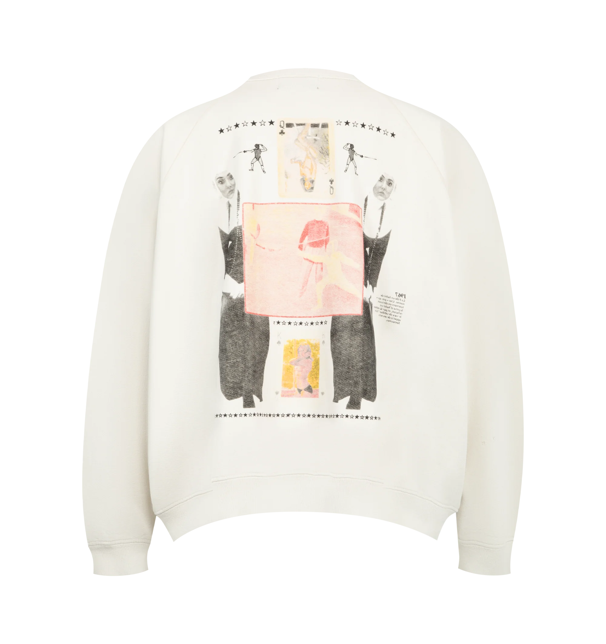 Image 2 of 2 - WHITE - Enfants Riches Dprims Mens Raglan Crewneck Sweatshirt is crafted from heavyweight brushed French terry. Features an oversized slouchy fit, long raglan sleeves, ribbed crew neckline, cuffs and hem, printed artwork at the front and back, and signature vintage wash. Main Material: Cotton French Terry. Made in USA.