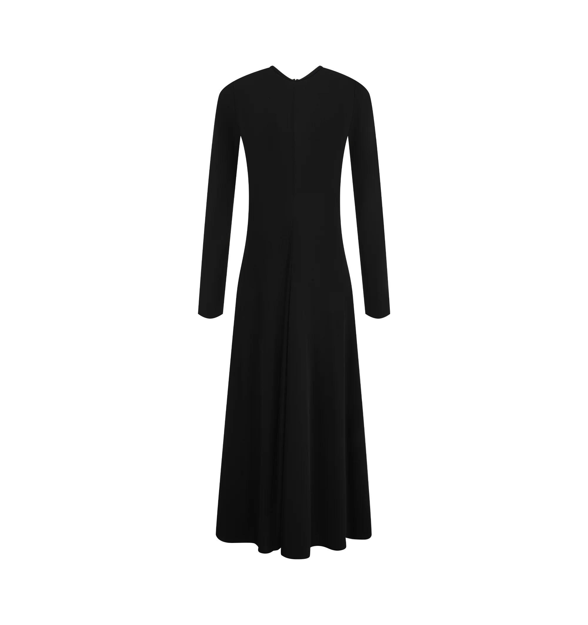 Image 1 of 3 - BLACK - The Row Women's Dina Dress is crafted from fluid matte viscose jersey and features a long-sleeve crewneck silhouette with a fitted bodice and flared skirt that falls just above the ankle. Designed with godet construction for fluid movement and a smooth, continuous drape, this designer dress is finished with a concealed center-back zipper closure. Main Material: 100% Viscose. Fit: Fitted Bodice with Flared Skirt. Neckline: Crewneck. Closure: Concealed Center-Back Zipper. Details: Godet