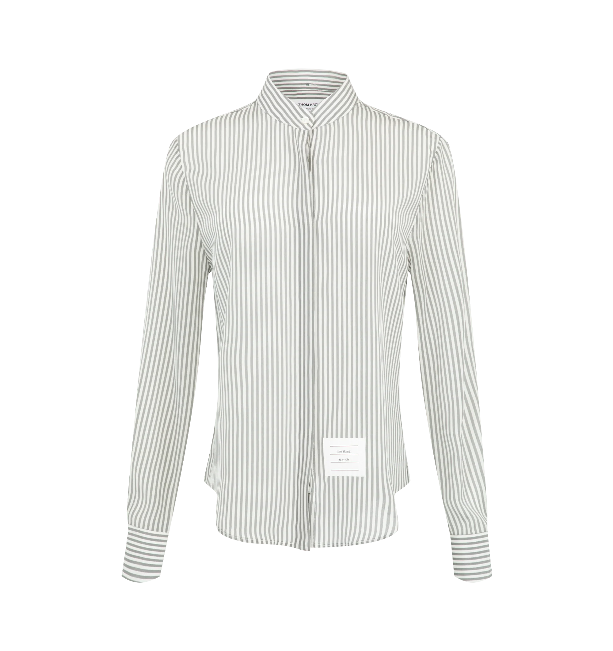 Image 2 of 3 - GREY - Thom Browne Womens Silk Shirt is crafted from fluid silk crpe de chine. Features a hidden button-front closure, band collar, detachable neck tie, buttoned cuffs, pleated back yoke with locker loop, curved hem, name tag appliqu, and signature striped grosgrain loop tab. Main Material: 100% Silk. Made in Italy. 