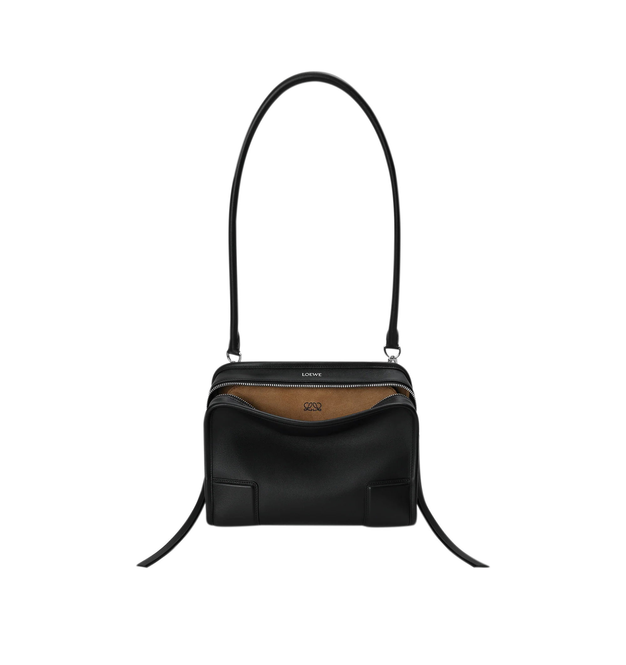 Image 9 of 16 - BLACK - Loewe Small Amazona 180 Bag in leather features a relaxed silhouette anchored by a single toron top handle, designed to be carried open, while a concealed closure secures the main compartment, three carry options: short handle, removable shoulder strap and crossbody, zip closure with two leather zip pullers, two compartments, main compartment closed with magnetic closure, internal flat pocket, left side d-ring for customization, nappa lambskin lining, and embossed double L branding.