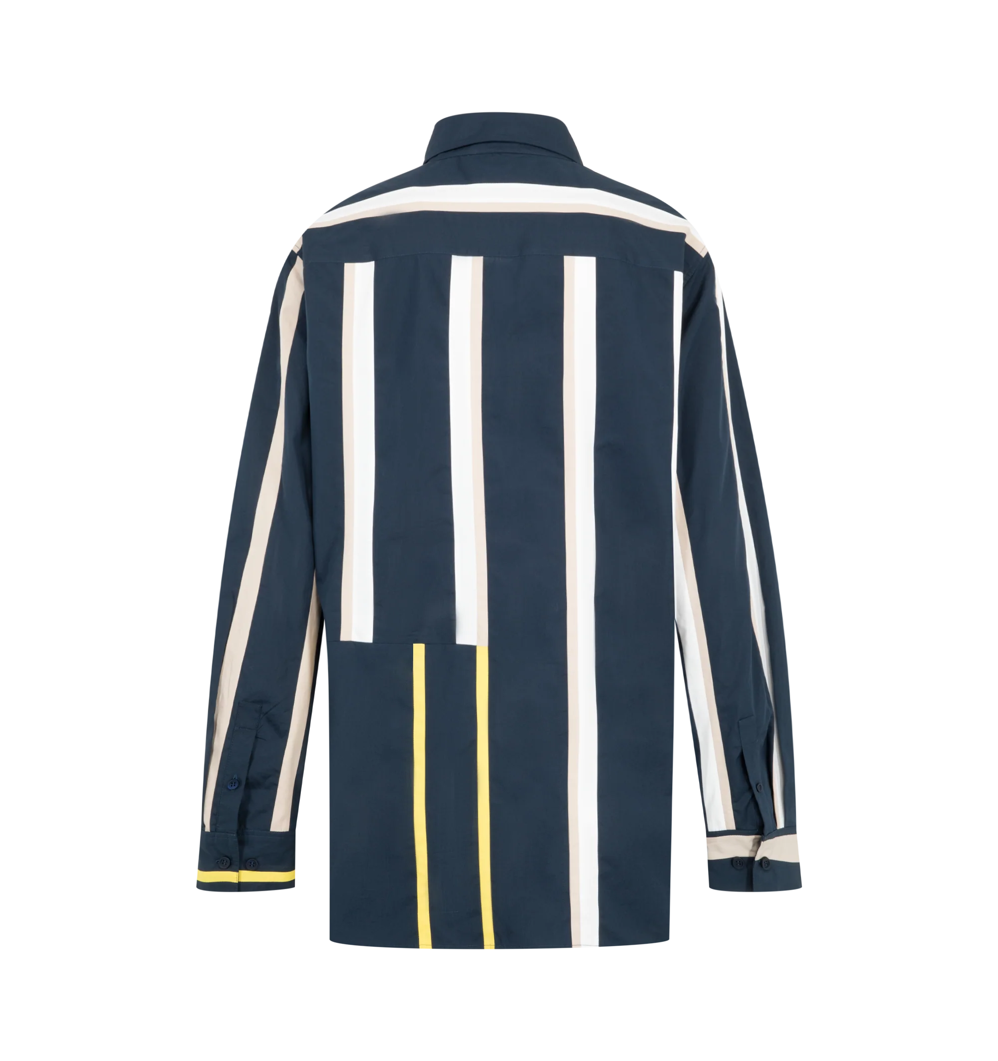 Image 2 of 2 - BLUE - Loewe Womens Striped Shirt is crafted from lightweight cotton poplin. Features a regular fit, classic collar, button-front closure, buttoned cuffs, striped patchwork detailing, and Double L embroidery at the front. Main Material: 100% Cotton. Made in Madagascar. 