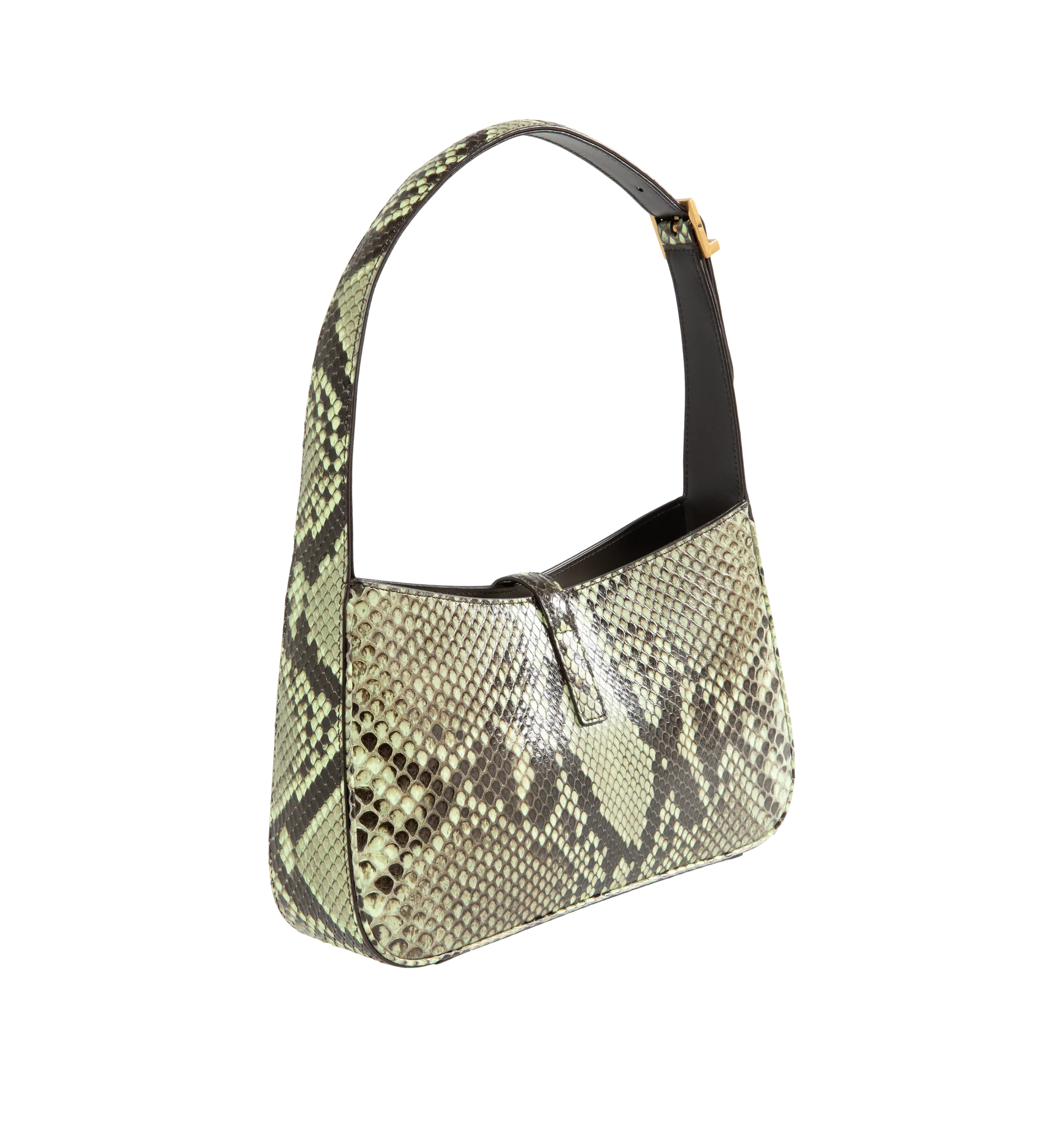 Image 2 of 3 - GREEN - Saint Laurent Le 5  7 leather shoulder bag featuring gold hardware, the 'Cassandre' logo detail, and suede lining. Compact and spacious, it features an interior zipped pocket and adjustable shoulder strap. Dimensions: 9 x 6.2 x 2.5 inches with 7.8 inch strap drop. Fits a large phone, card case, keys and other small essentials. Material: leather. Made in Italy. 