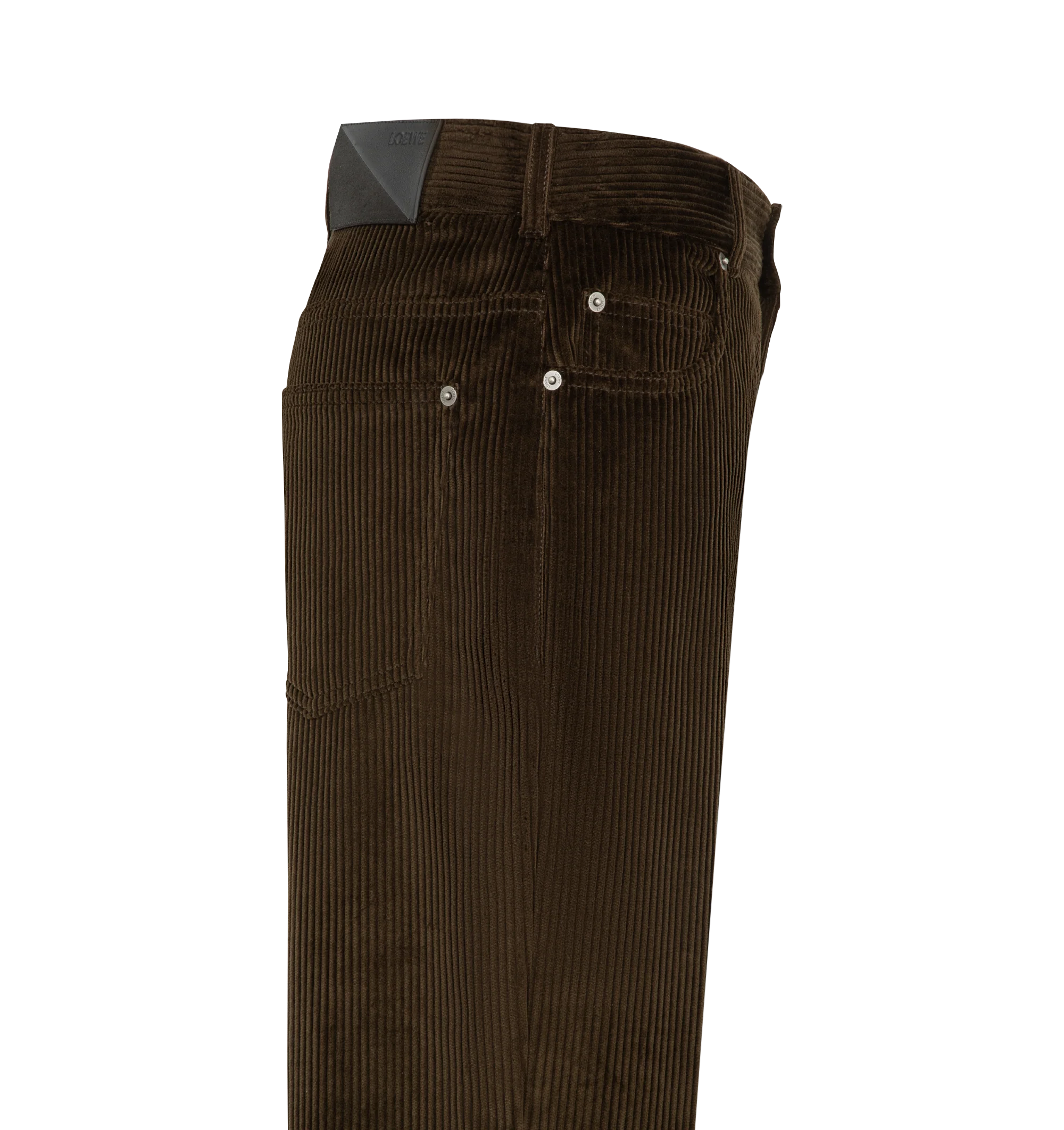 Image 3 of 3 - BROWN - Loewe Women's Trousers in Cotton Corduroy are crafted from medium-weight cotton corduroy and feature a regular fit with a regular length, mid waist, and straight-leg silhouette. Designed in a classic five-pocket style, they are finished with a button front fastening, concealed zip fly, and a debossed leather and suede 'LOEWE' patch at the back. Main Material: 100% Cotton. Made in Italy. 