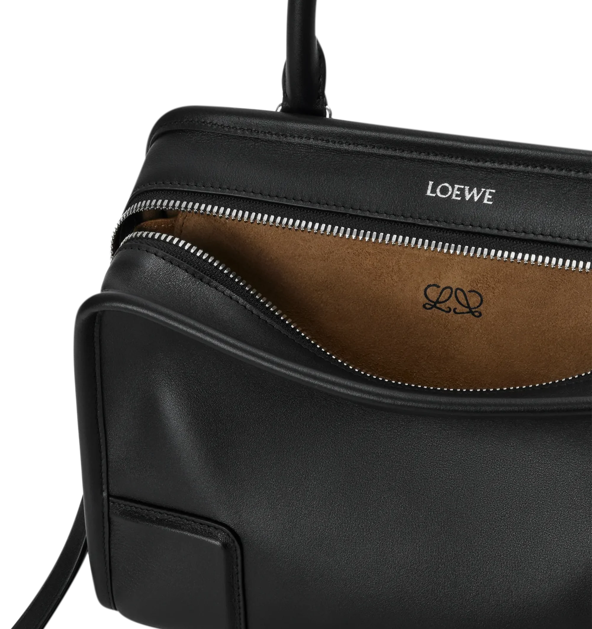 Image 11 of 16 - BLACK - Loewe Small Amazona 180 Bag in leather features a relaxed silhouette anchored by a single toron top handle, designed to be carried open, while a concealed closure secures the main compartment, three carry options: short handle, removable shoulder strap and crossbody, zip closure with two leather zip pullers, two compartments, main compartment closed with magnetic closure, internal flat pocket, left side d-ring for customization, nappa lambskin lining, and embossed double L branding.