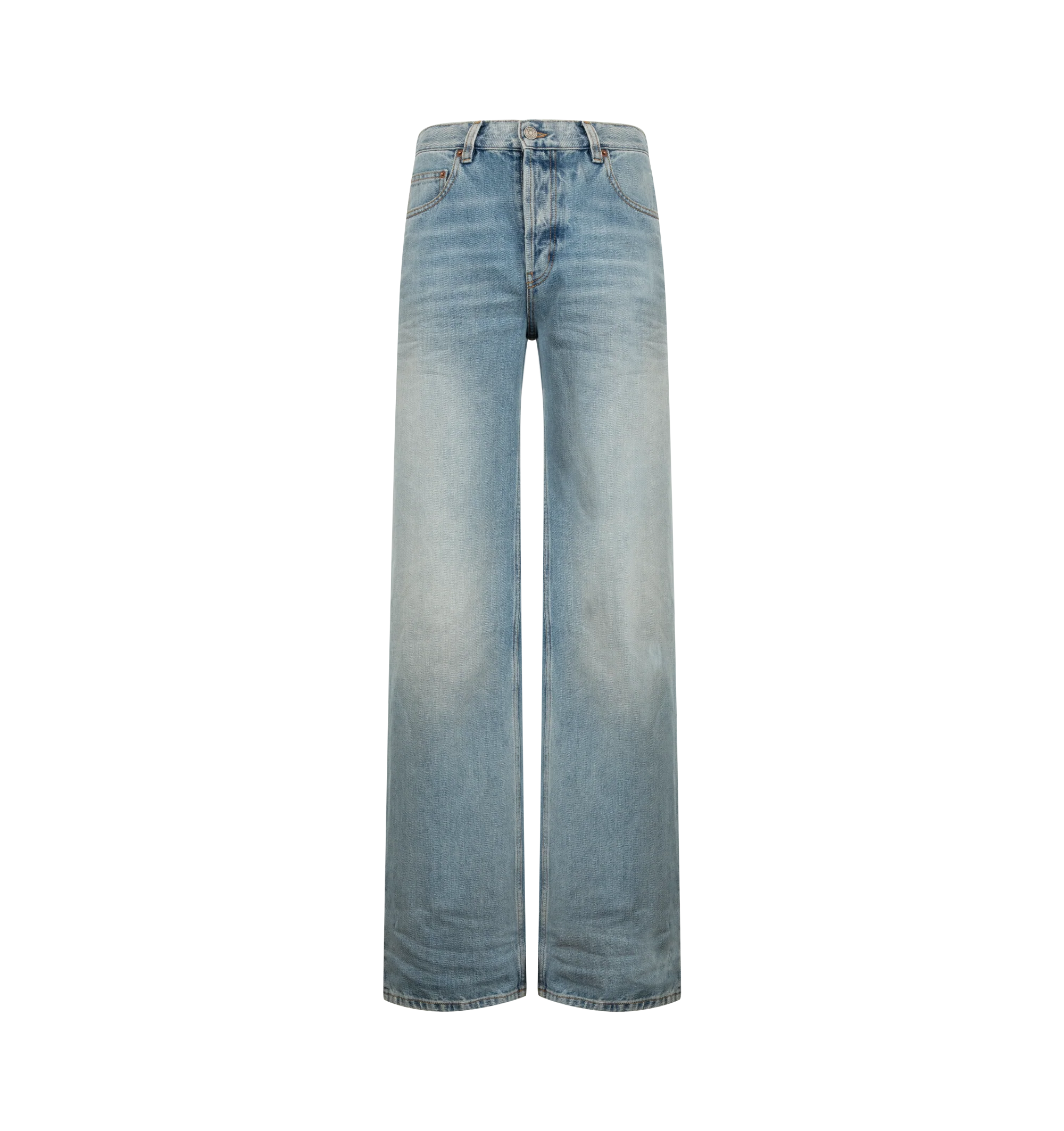 Image 1 of 3 - BLUE - Saint Laurent Women's Neo 90's Baggy Jeans are crafted from premium denim and feature a low-rise silhouette with a relaxed baggy leg inspired by iconic 1990s styles. Designed with a classic five-pocket construction, zip fly, and belt loops, these designer jeans combine effortless vintage-inspired proportions with Saint Laurent's signature Parisian edge for versatile everyday wear. Main Material: 100% Cotton.