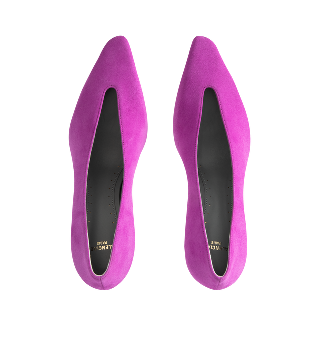 Image 4 of 4 - PURPLE - BALENCIAGA Duchesse Pump 90mm featuring suede goatskin, asymmetrical pointed toe, deep v neck vamp, 90mm arch, Balenciaga Paris logo on the insole, small gold perforations on the edges of the insole, two golden studs on the outsole, semi-glossy tone-on-tone heel and beige suede-like sole. Upper: goatskin. Sole: calfskin. Insole: sheepskin. Made in Italy.