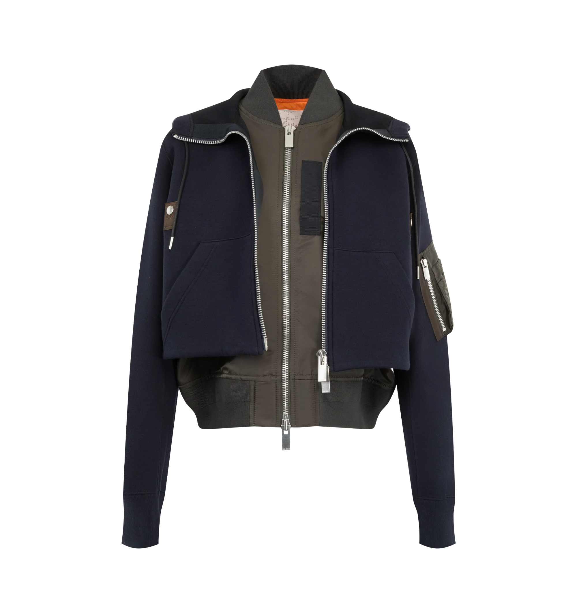 Image 4 of 4 - NAVY - Sacai sponge sweat hoodie with signature layered construction, double collar, zip-front closure, drawstring hood and rib-knit stand collar. Outer material is 62% cotton / 38% polyester with 100% nylon twill panels and 100% polyester lining and filling. 