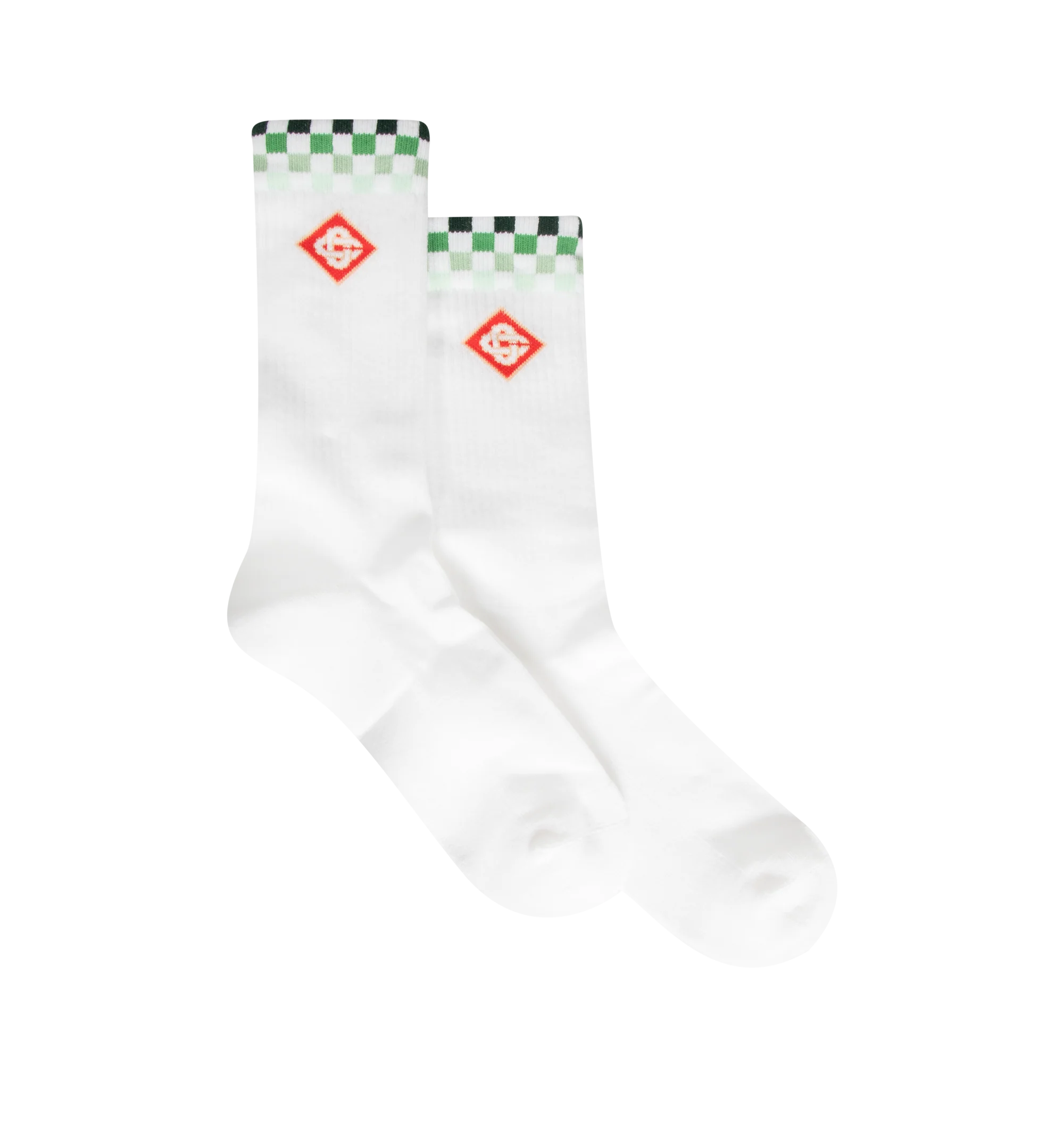 Image 1 of 2 - WHITE - The Casablanca Men's Green Checkers Crew Socks are a sports-inspired design crafted from a recycled cotton-blend fabric, featuring the house's Green Checkers artwork. Completed with ribbed legs and cuffs for added comfort and structure. Composition: 87% recycled cotton 12% polyamide 1% elastane