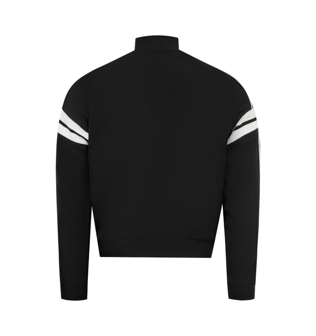 Image 2 of 3 - BLACK - WALES BONNER Nomad Leather Jacket featuring hybrid track top silhouette with calf leather and technical twill panelling on the sleeves and back, embossed logo and double zip. Leather and twill. Made in Morocco.