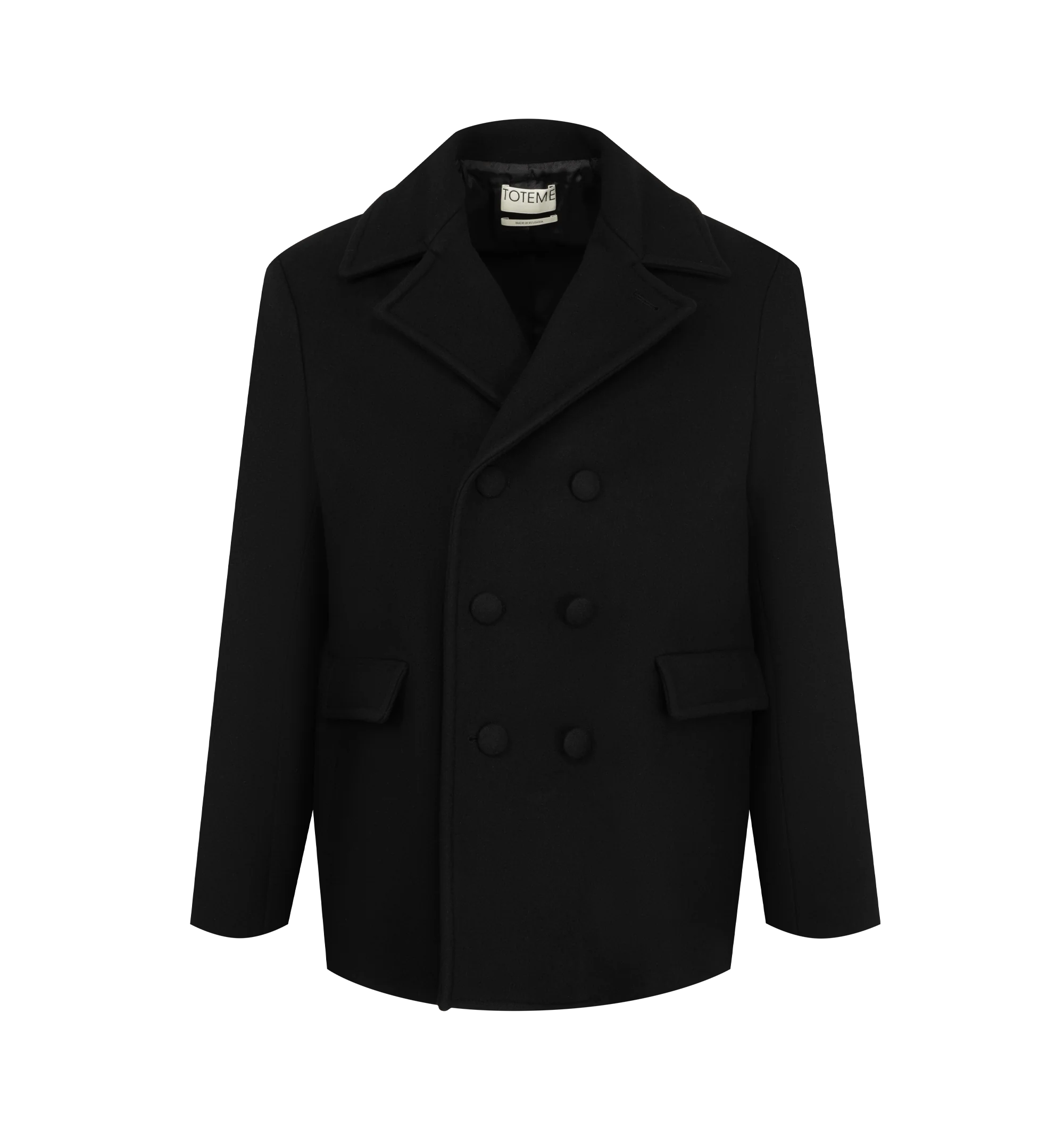 Image 1 of 3 - BLACK - Toteme Men's Trench Coat is crafted in wool featuring a double breasted button closure, two welt side pockets. Materials: 100% RWS Wool; Lining: 100% Viscose.