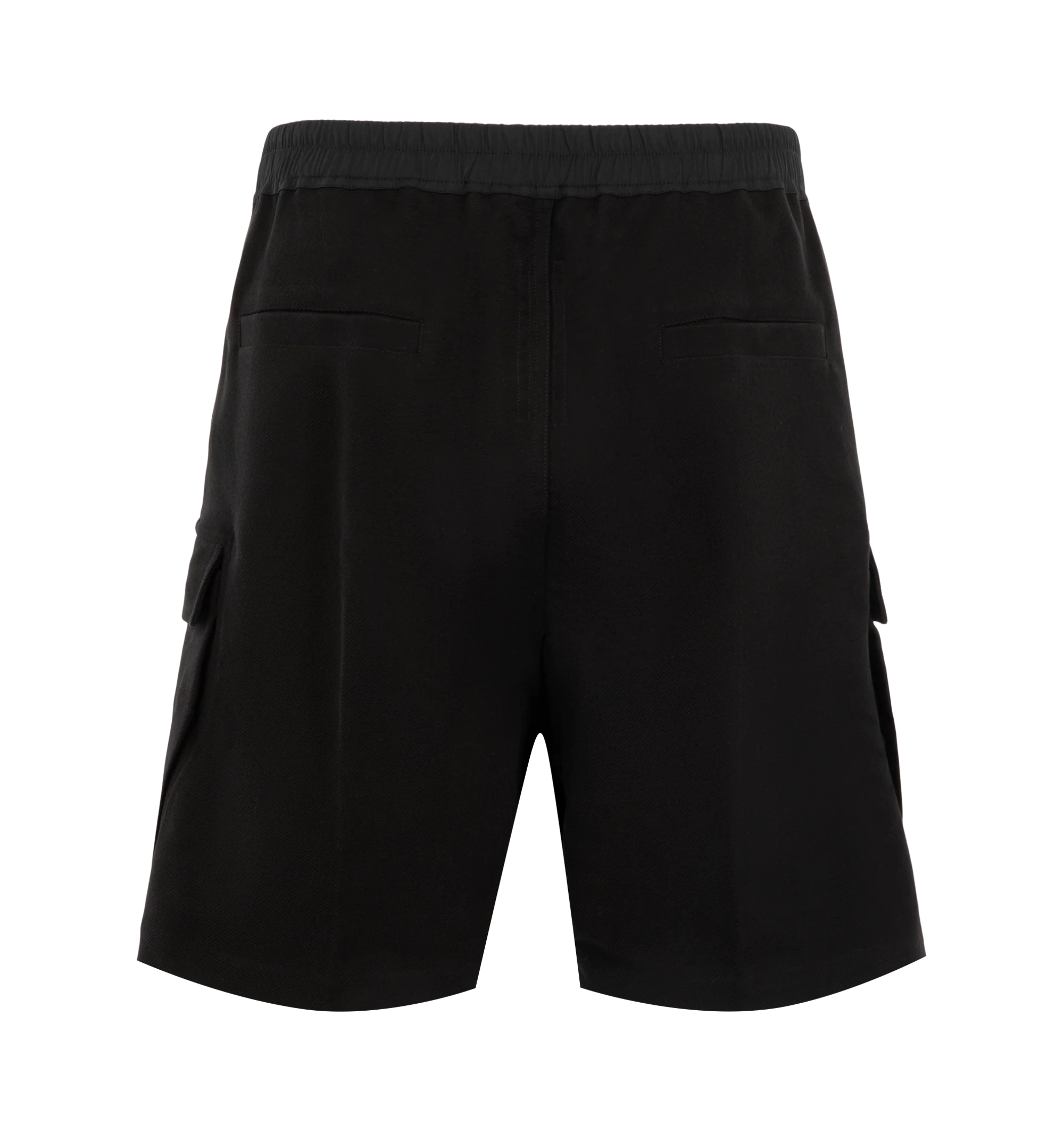 Image 2 of 3 - BLACK - Rick Owens Mens Cargobela Shorts are crafted from overdyed waxed cotton denim. Feature a knee-length wide-leg silhouette, dropped crotch, elasticized waistband with drawstring, exposed Bela front zip closure with dual snap buttons, concealed snap cargo pockets, rear welt pockets, and topstitch detailing. Main Material: 100% Cotton; Waistband: 97% Cotton, 3% Elastane. Made in Italy.