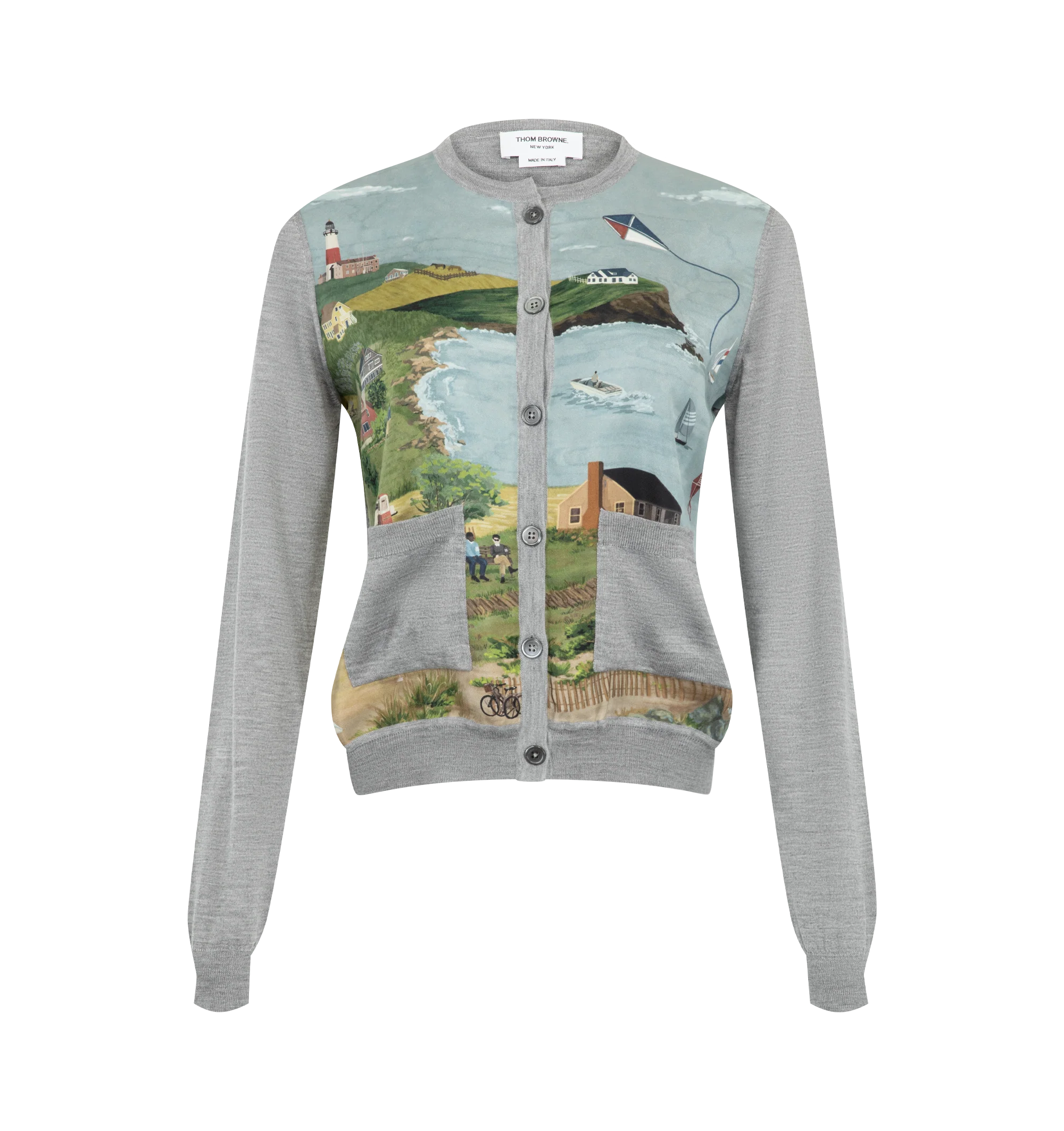 Image 1 of 2 - MULTI - Thom Browne Womens Cardigan is crafted from a cashmere blend knit with printed silk front panels. Features a button-front closure, ribbed neckline, placket, cuffs, and hem, patch hand pockets with ribbed trim, scenic print silk panels, and signature striped grosgrain loop tab. Main Material: 70% Cashmere, 28% Silk, 2% Polyamide; Combo: 100% Silk. Made in Italy.