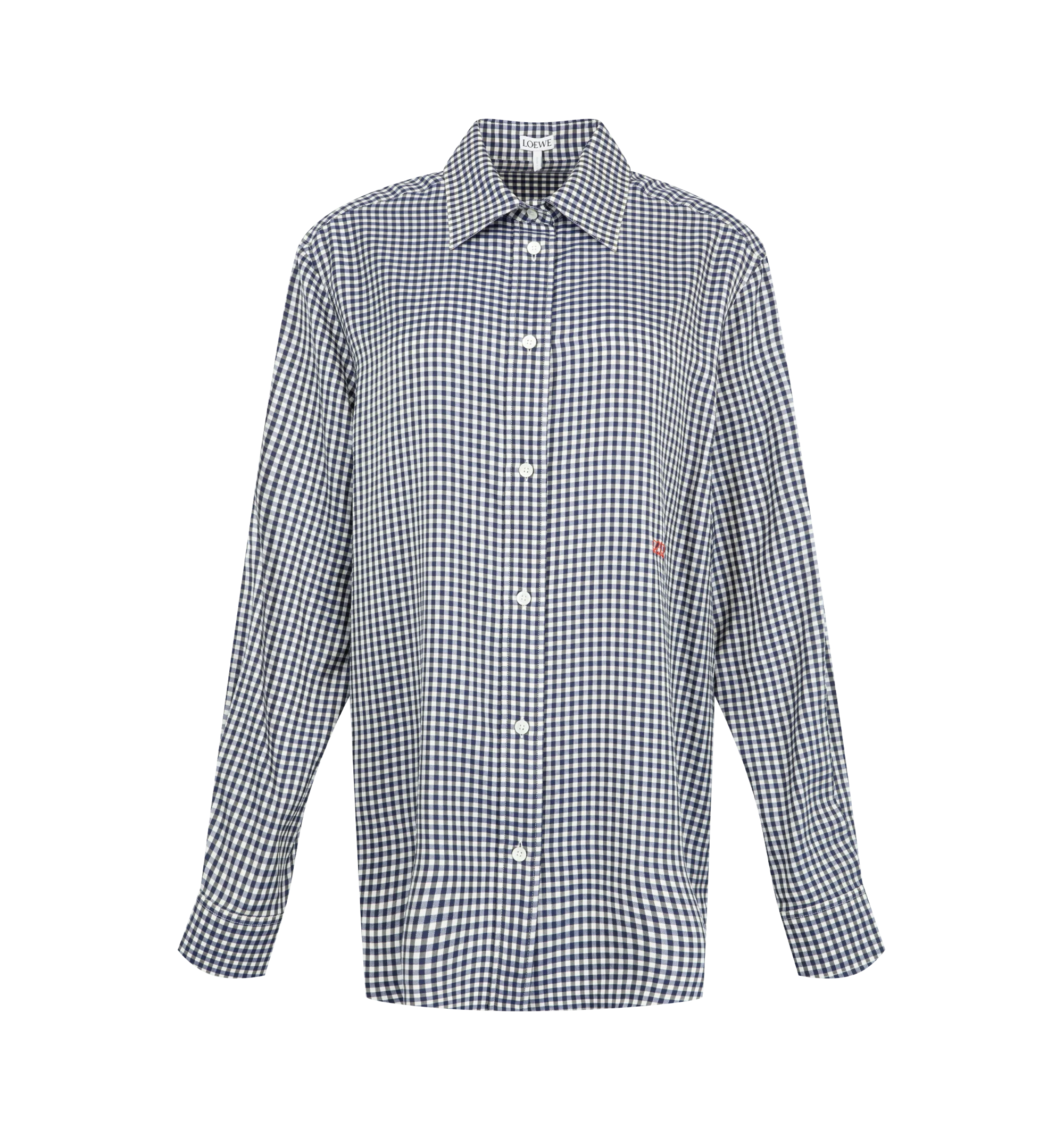 Image 1 of 3 - BLUE - Loewe Women's Shirt in Silk is crafted from lightweight checked silk twill and features a contrasting micro-check pattern at the under collar and inside cuffs. Designed in a regular fit with a regular length, this button-front style is finished with Double L embroidery at the front. Main Material: 100% Silk. Made in Italy.