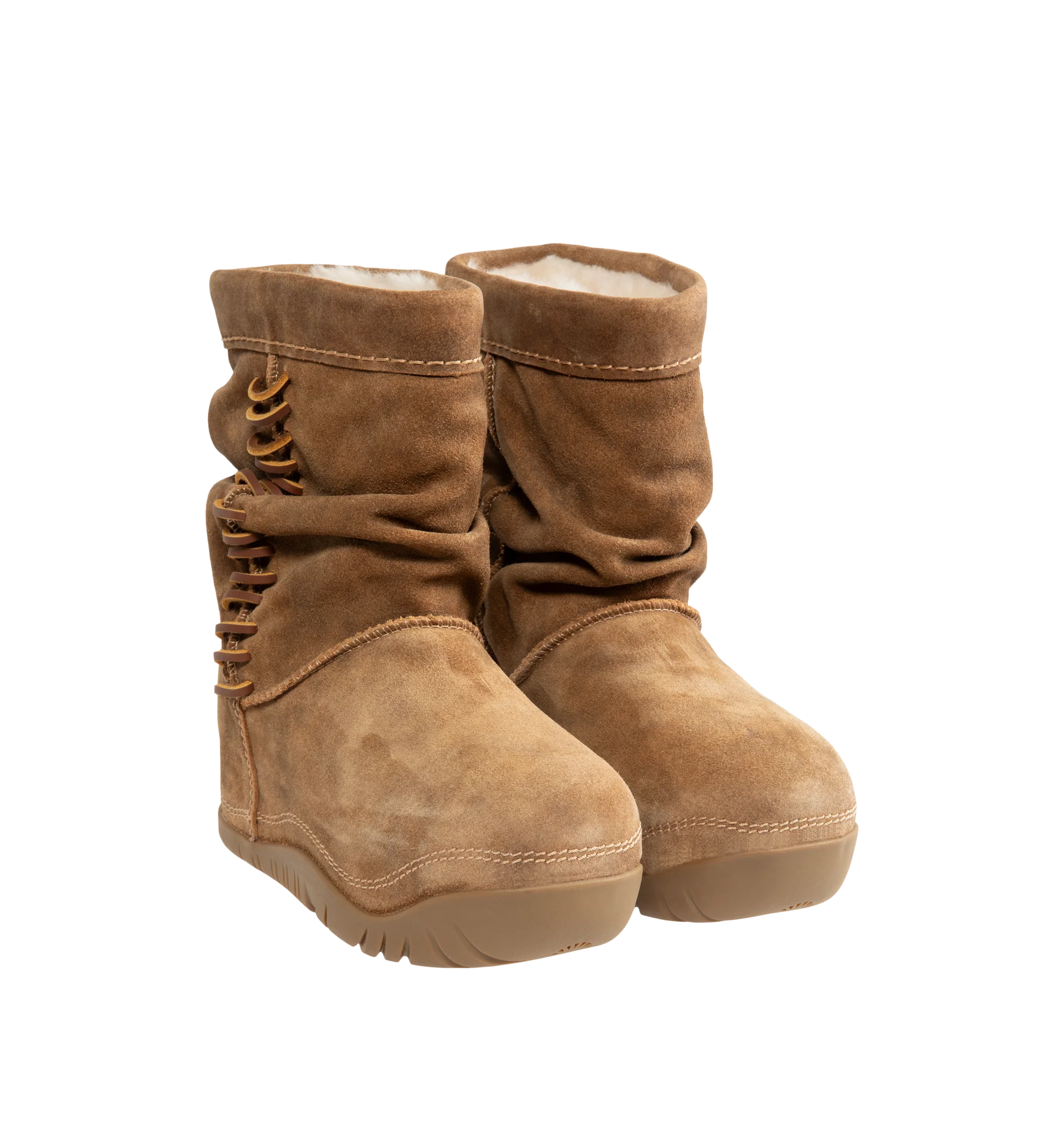 Image 2 of 4 - BROWN - UGG women's Bucked boot with a soft suede upper with an elevated, worn-in feel and a leather whipstitch detail, signature sheepskin lining and cushy rubber platform. Features sugarcane EVA midsole, molded rubber outsole and UGG Logo, heat-embossed. 