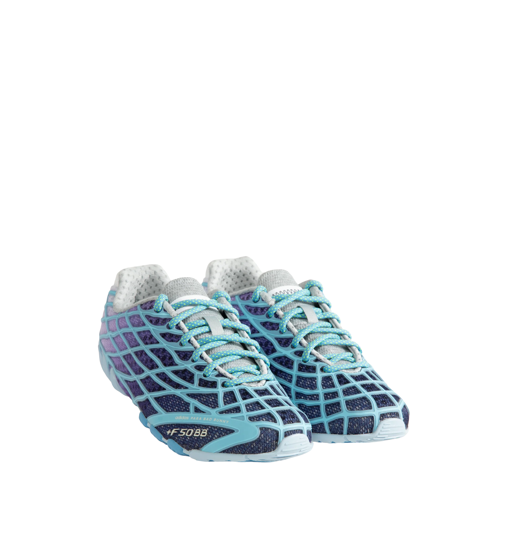 Image 2 of 5 - BLUE - Adidas x Bad Bunny F50 Ghost Sprint Sneakers are crafted with a streamlined low-top silhouette and feature speed-inspired design elements, signature Bad Bunny collaboration details, lace-up fastening, and a durable rubber sole. These designer sneakers combine football-inspired heritage with contemporary streetwear styling for elevated everyday wear. Main Material: Textile and Synthetic Upper. Sole: Rubber.