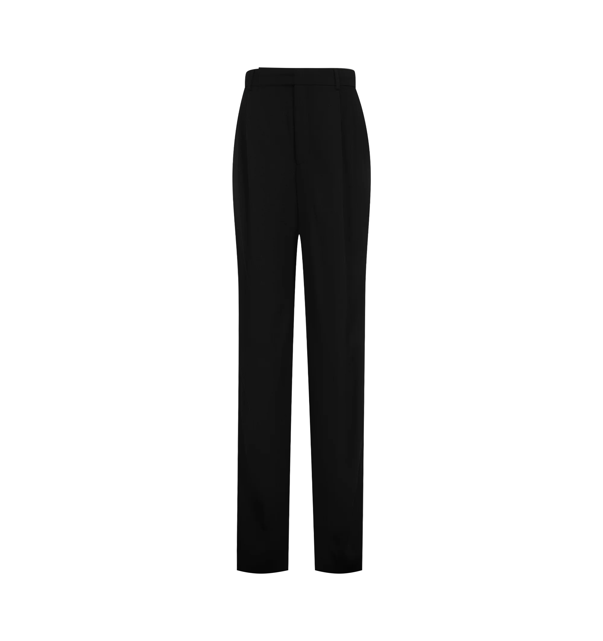 Image 1 of 3 - BLACK - Saint Laurent Women's Crepe Pants are crafted from wool and viscose and feature a mid-rise tailored silhouette with a wide leg, single pleat, and center crease. A concealed front button, hook-and-zip closure, belt loops, two front slash pockets, and two back welt pockets complete the design. Main Material: Wool and Viscose. Made in Italy.