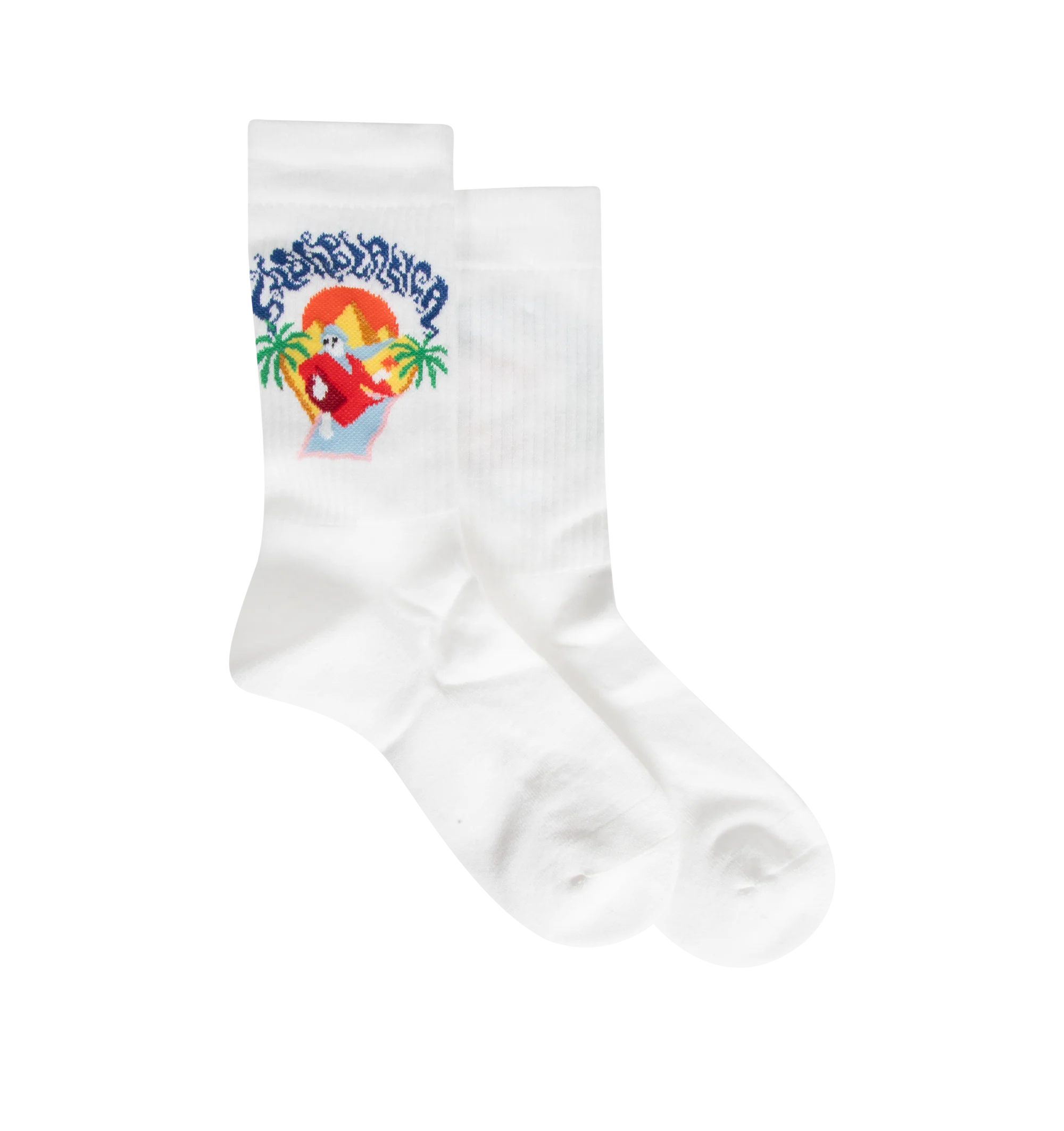 Image 1 of 2 - WHITE - The Casablanca Men's white Eveil Ancestral Socks are a sports design crafted from a cotton blend, featuring the house's Casa artwork and signature diamond logo. 87% recycled cotton 12% polyamide 1% elastane. Made in Portugal