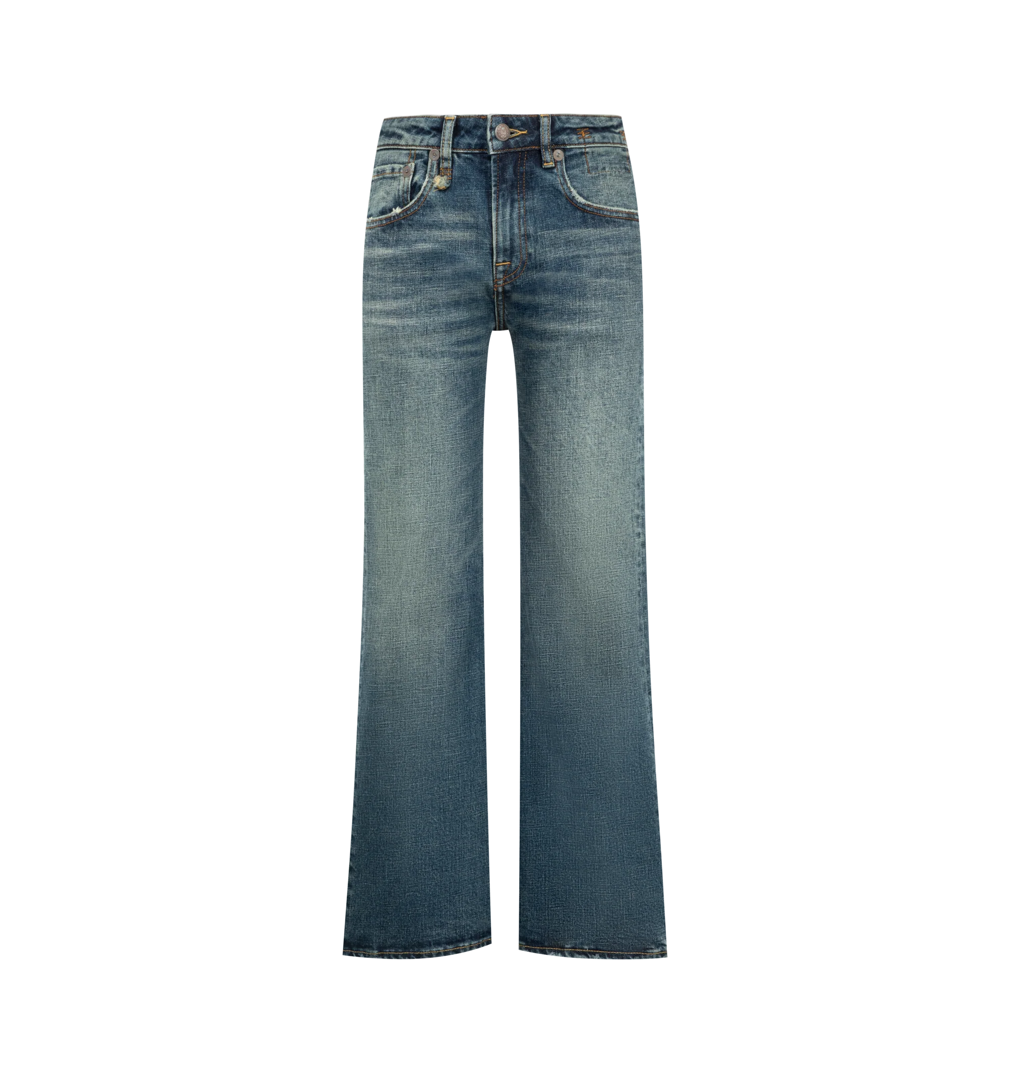 Image 1 of 3 - BLUE - R13 Womens Kick Flare Jeans are crafted from mid-weight Japanese black stretch denim and feature a relaxed fit with flared legs from the knee to the hem. Finished with a vintage dark black wash and subtle grinding throughout. Main Material: 98% Cotton, 2% Polyurethane. Imported.