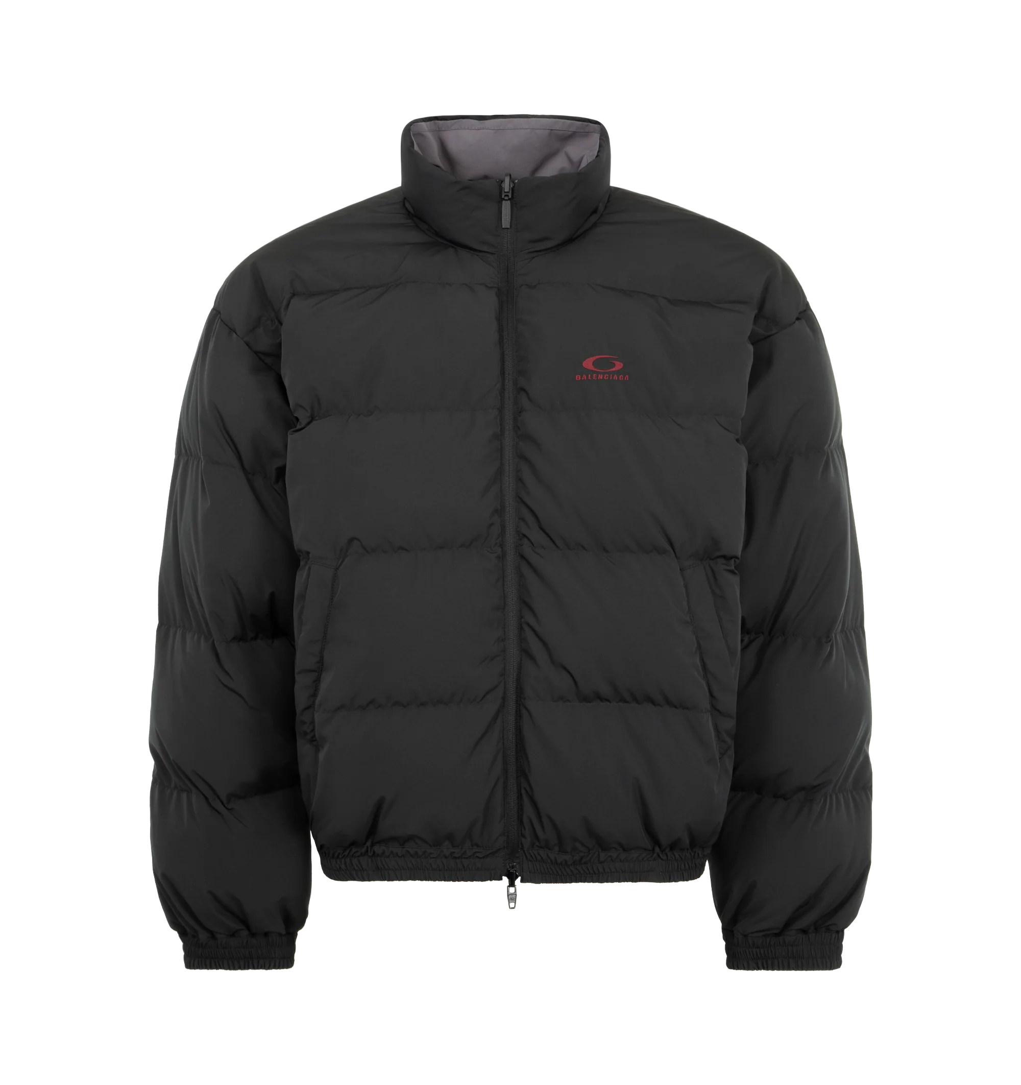 Image 2 of 4 - GREY - BALENCIAGA Reversible Tracksuit Jacket featuring cotton-like polyamide, reversible design: one smoky purple side with contrasting yokes, one plain black side, high neck, front zip closure, long sleeves, 2 zipped slash pockets on the smoky purple side, 2 snap slash pockets on the black side, elasticated cuffs and waistband and loop sports icon embroidered on chest on both side. 100% polyamide. 100% polyester. Filling: duck down. Made in Italy.