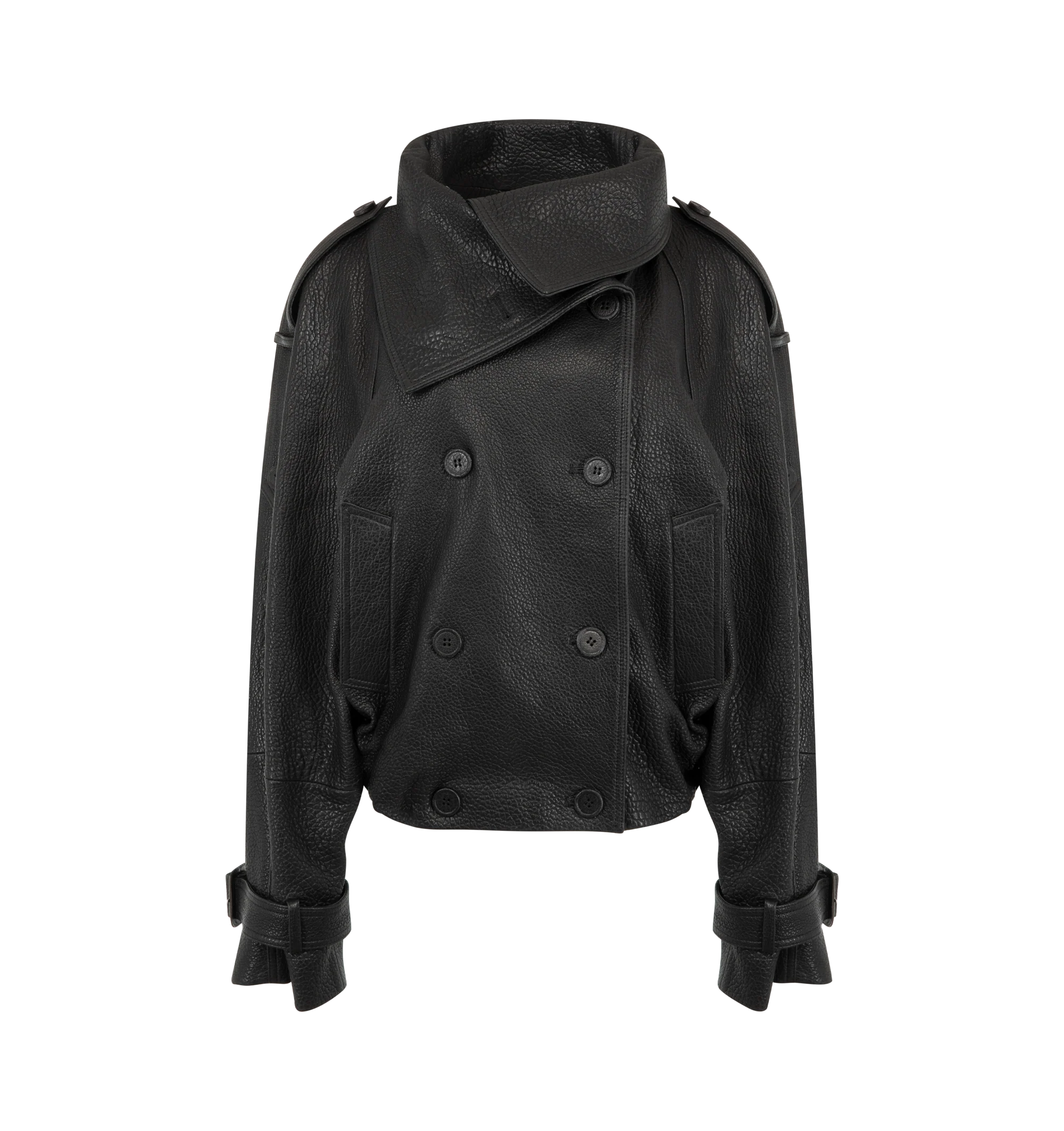 Image 1 of 3 - BLACK - Acne Studios Women's Cropped Leather Trench Coat is crafted from full-grain lamb leather and features a double-breasted silhouette with an elongated neckline, elasticated balloon hem, epaulettes, sleeve tabs with buckle detailing, and side pockets. This designer leather trench coat combines contemporary tailoring with premium craftsmanship, finished with a signature leather logo label at the back neckline and a relaxed, below-the-waist fit. Main Material: 100% Lamb Leather. Lining: 10