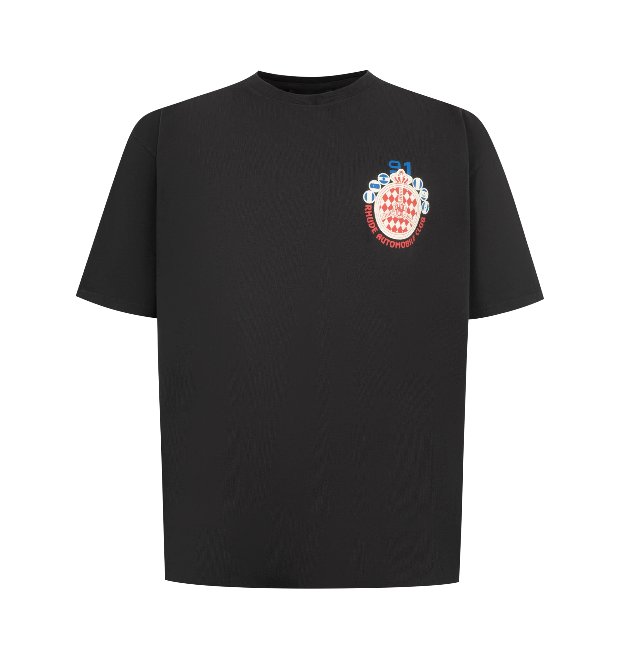 Image 1 of 2 - BLACK - Rhude Mens Automobile Club T-Shirt is crafted from a cotton jersey. Features a crew neck, short sleeves, custom fit, and graphics printed on the front chest and back. Main Material: 100% Cotton. Made in the USA.