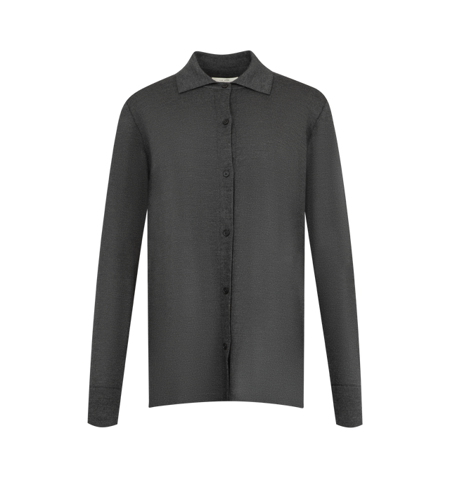 Image 1 of 2 - GREY - THE ROW Ocari Top featuring long-sleeved cardigan with straight fit, pointed shirt collar and front horn button closure. 70% cashmere, 30% silk. Made in Italy.