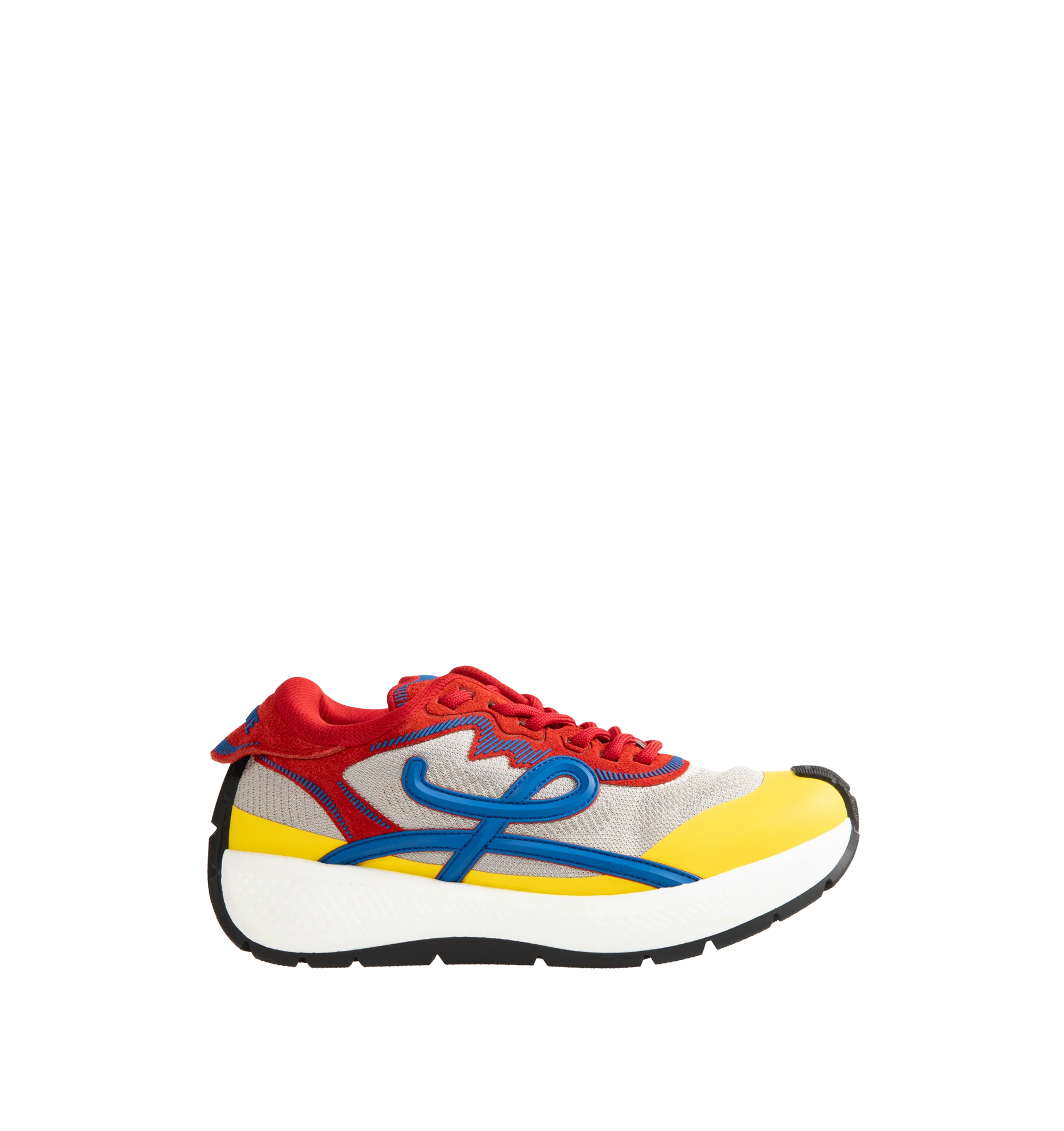 Image 1 of 5 - MULTI - Loewe Men's Pogo Sneakers are crafted from technical knit and suede and feature a bold silhouette with a layered upper and textured two-piece sole. Designed with double laces, the signature L monogram at the side. Main Material: Technical Knit and Suede. Lining: Technical Fabric. Sole: Rubber. Heel Height: 4 cm. Made in Italy.