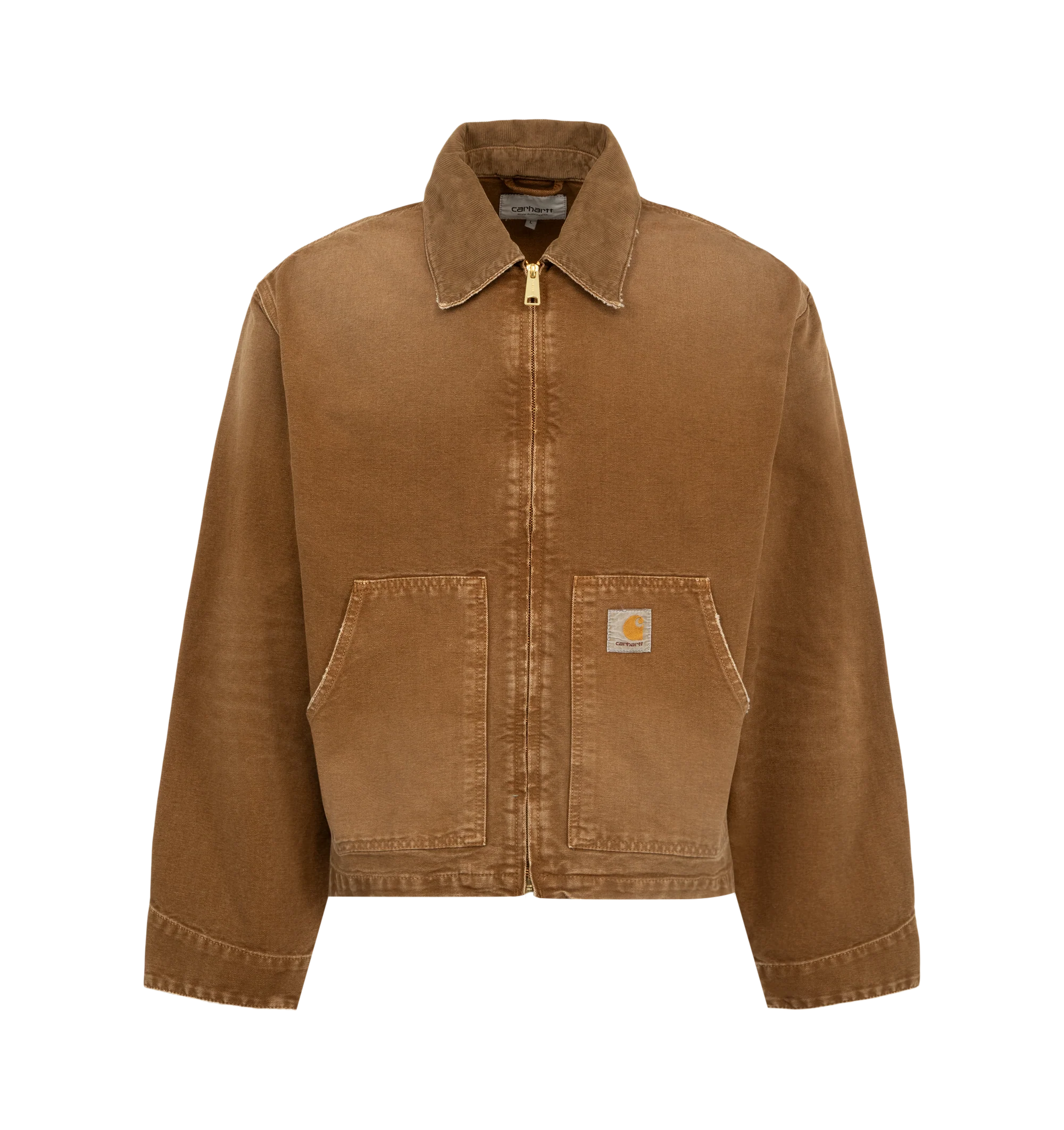 Image 1 of 2 - BLACK - Carhartt WIP Men's OG Arcan Jacket is crafted from heavyweight organic Dearborn canvas and features a destroy wash for a distressed, worn-in finish, a corduroy collar, gold-tone zip front closure, and a kangaroo pocket. Cut in the brand's original loose fit, this designer workwear jacket combines durable triple-stitch construction, reinforced stress points, and heritage utility details with a relaxed, contemporary silhouette. Main Material: 100% Organic Cotton Dearborn Canvas (12 oz).
