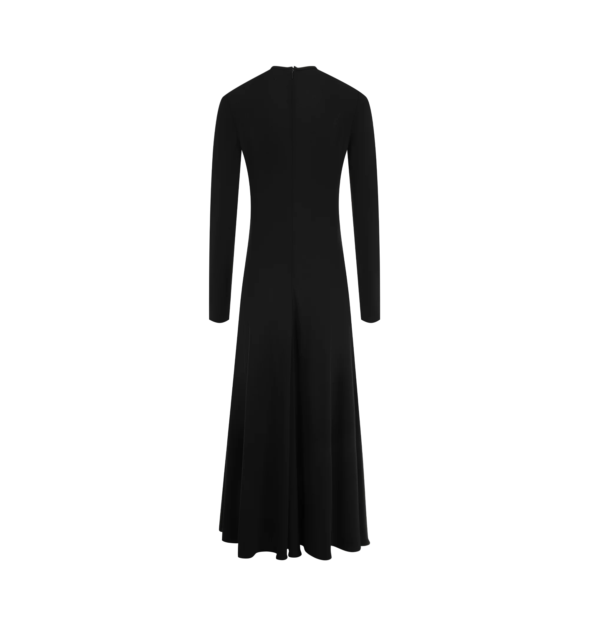 Image 2 of 3 - BLACK - The Row Women's Dina Dress is crafted from fluid matte viscose jersey and features a long-sleeve crewneck silhouette with a fitted bodice and flared skirt that falls just above the ankle. Designed with godet construction for fluid movement and a smooth, continuous drape, this designer dress is finished with a concealed center-back zipper closure. Main Material: 100% Viscose. Fit: Fitted Bodice with Flared Skirt. Neckline: Crewneck. Closure: Concealed Center-Back Zipper. Details: Godet
