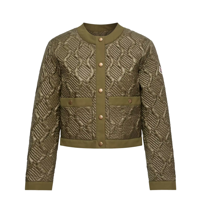 Image 1 of 1 - GREEN - Moncler Womens Libellule Quilted Short Down Jacket is a lightweight design offering warmth with a unique texture. Crafted from polyamide with a smooth finish and geometric quilting that creates a three-dimensional effect. Features snap-button front closure, round neckline, and patch pockets. Exterior: 100% Polyamide / Nylon; Lining: 100% Polyamide / Nylon; Padding: Down Fill. Made in Romania.