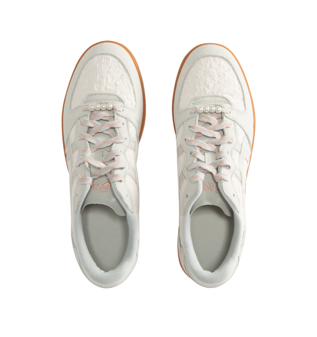 Image 5 of 5 - WHITE - ASICS Skyhand OG Sneaker featuring soft suede upper, FLYTEFOAM PROPEL cushioning, EVA heel wedge, pearl-like shoelace accessory, patterned shoelace and rubber outsole.