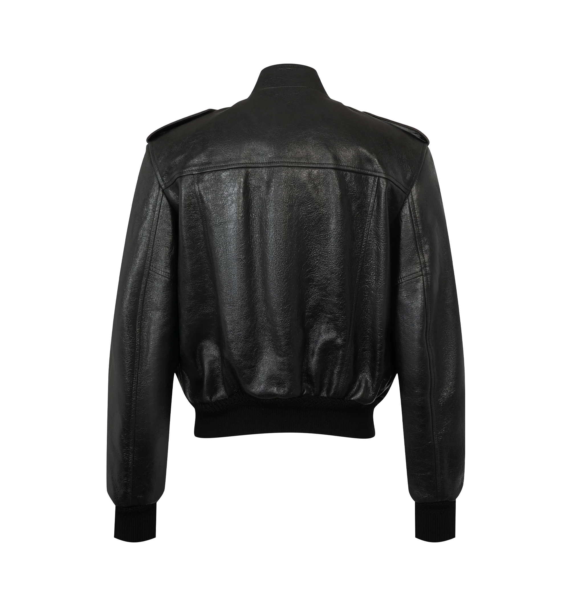 Image 2 of 2 - BLACK - Tom Ford Women's Leather Aviator Jacket is crafted from natural grain lamb leather and features a stand collar with an embossed T-detailed extension, front button closure, front patch pockets, and wool knit cuffs and hem. This designer leather aviator jacket combines a timeless silhouette with refined utility-inspired details for elevated everyday wear. Main Material: 100% Lamb Leather. Lining: 100% Viscose; Details: 100% Cotton. Made in Italy. 