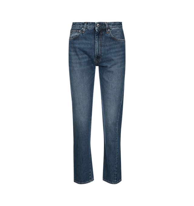 Image 1 of 2 - BLUE - TOTEME Twisted Seam Jeans featuring directional side seams, ankle-length silhouette, relaxed, straight-tapered shape, zipper fly, silver-tone hardware, five pockets, belt loops, finished hem and leather patch. 100% organic cotton.
