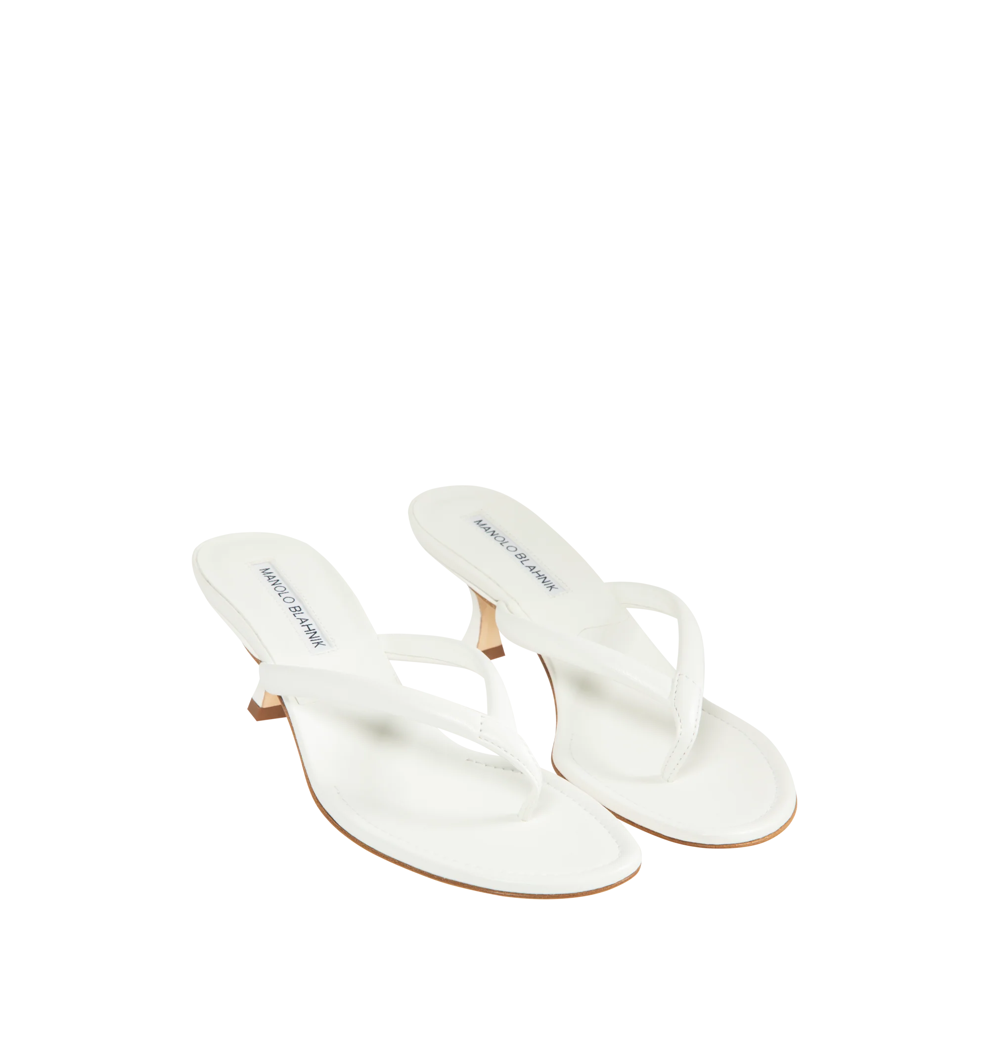 Image 2 of 4 - WHITE - Manolo Blahnik Paterno 50 Leather Sandal featuring nappa leather upper with leather sole, leather lining and footbed, angled round toe with flared kitten heel.Approx 50mm/ 2 inch heel. Made in Italy.