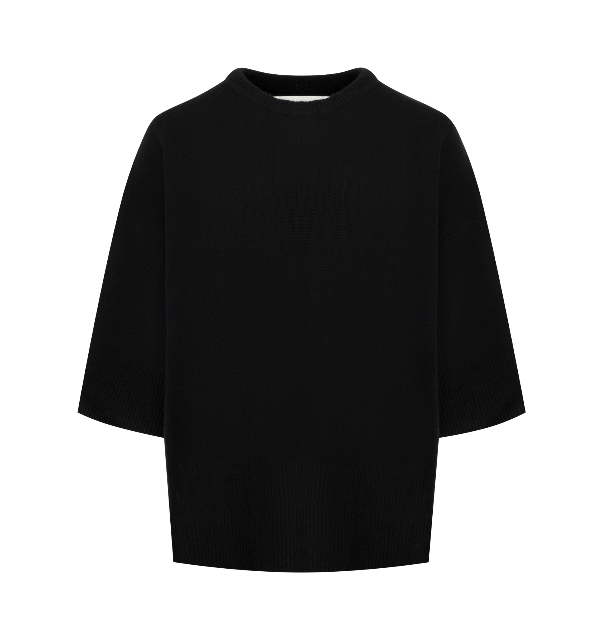 Image 1 of 2 - BLACK - EXTREME CASHMERE Sassie Sweater featuring relaxed-fit, crew-neck, short sleeves that fall to the elbow, medium-weight cashmere and rib-knit cuff, neckline and hem. 100% cashmere.