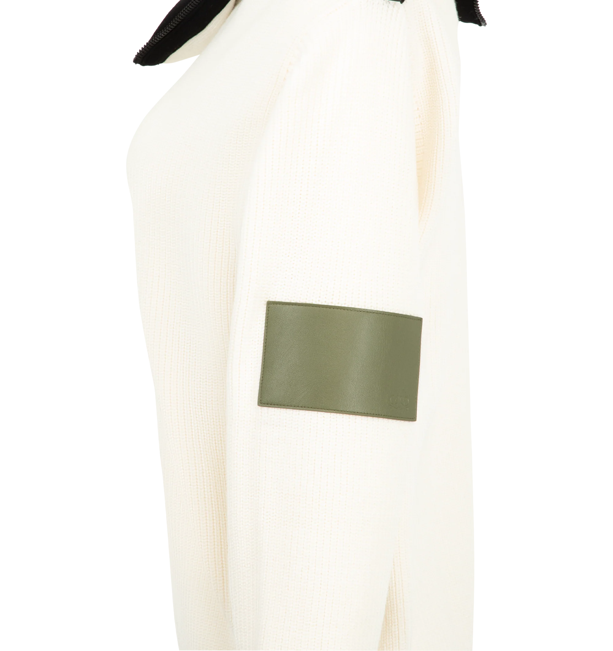 Image 3 of 3 - WHITE - Loewe Women's Sweater is crafted from medium-weight wool and features a relaxed-fit silhouette with a regular length. Designed with an asymmetric zip-up collar featuring a contrast reverse and a Double L embossed leather patch on the left sleeve. Main Material: 100% Wool. Made in Italy. 
