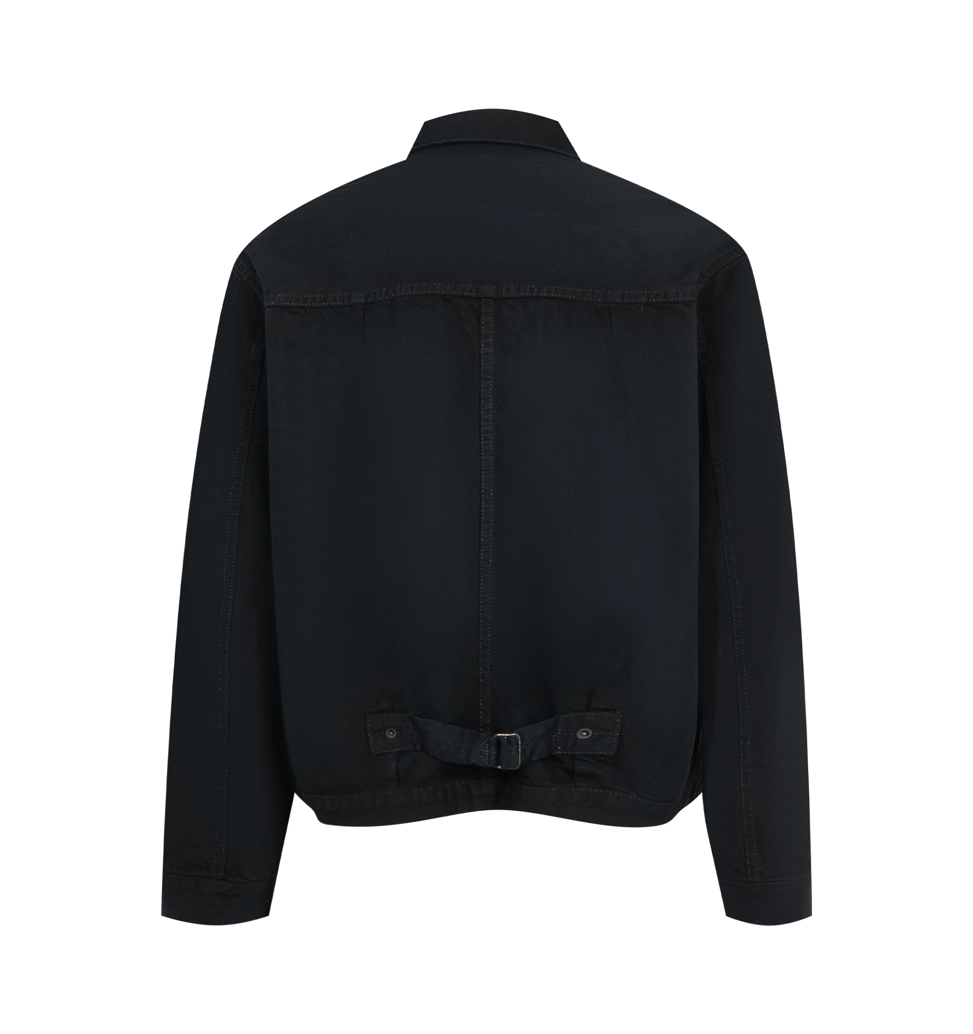Image 2 of 2 - BLUE - A.Presse Men's 1st Type Denim Jacket is crafted from 13 oz indigo denim and inspired by the iconic S213 Type 1 denim jacket. Finished with original tack buttons, the jacket undergoes multiple hand-applied processes to recreate the appearance of aged vintage black denim, resulting in unique variations in texture, color, and distressing. Main Material: 100% Cotton. Fabric: 13 oz Red-Selvedge Indigo Denim. Hardware: Original Tack Buttons. 