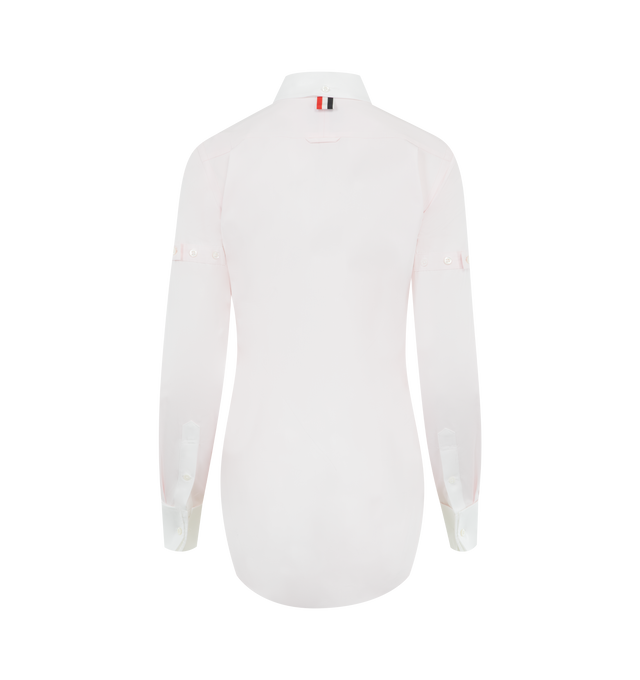 Image 2 of 2 - PINK - THOM BROWNE Solid Poplin Armband French Cuff Shirt featuring front button closure, button-down point collar, patch chest pocket, button-fastening self armbands, contrast buttoned French cuffs, pleated back yoke with locker loop, curved hem, name tag appliqu, signature striped grosgrain loop tab and classic fit. 100% cotton. Made in Italy.