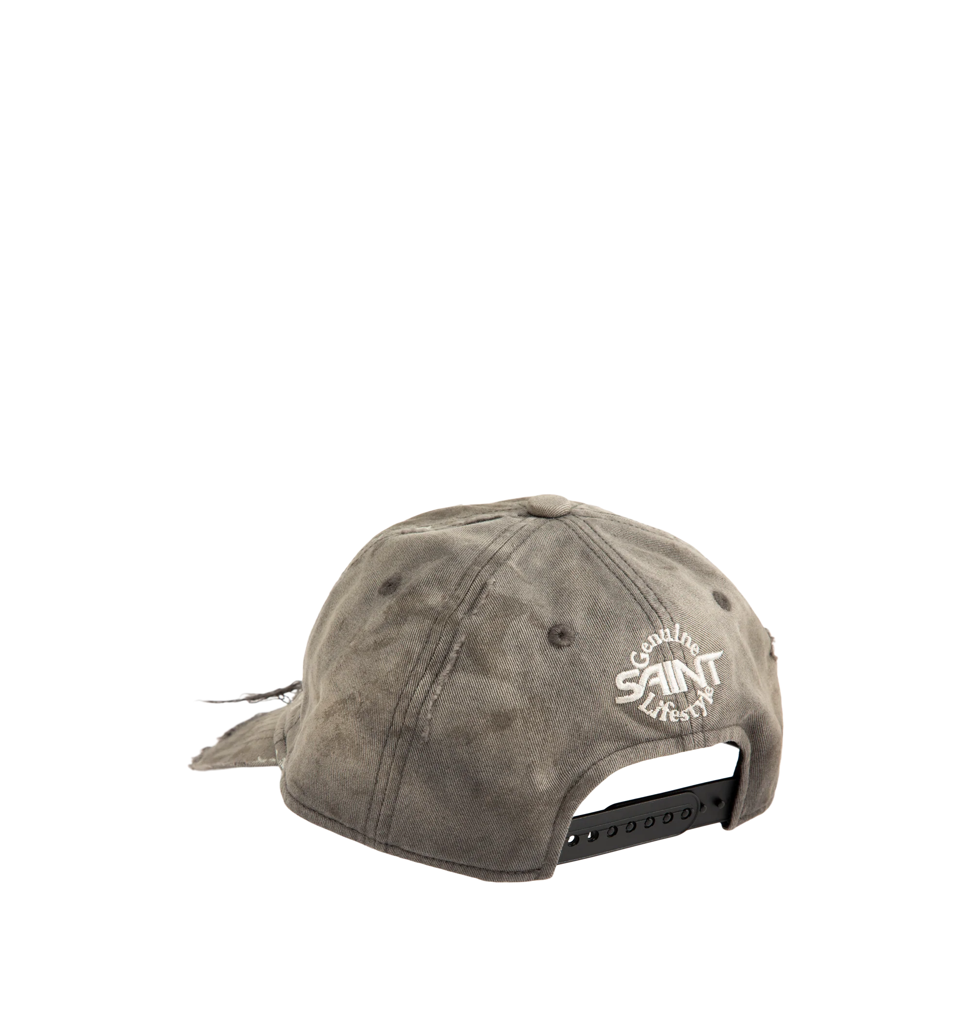 Image 2 of 2 - GREY - The Saint Michael Saint Cap in Charcoal features embroidered SAINT lettering at the front and 666 YEARS lettering at the back. Faded fabric and distressed panels and brim create the worn finish, while a rear adjuster changes the fit.