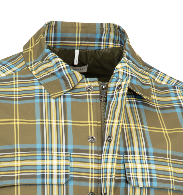 Image 4 of 4 - GREEN - MONCLER Monogram Checked Shirt Jacket featuring nylon technique, zipper and snap button closure, zipped pockets, adjustable cuffs and logo patch. 100% polyamide/nylon. 