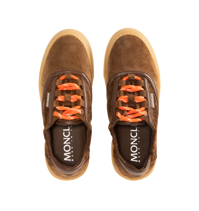 Image 5 of 5 - BROWN - MONCLER Vera Leisure Suede Sneakers featuring suede upper, leather lining, lace-up, and rubber sole. Upper: suede. Sole: 100% elastodiene.